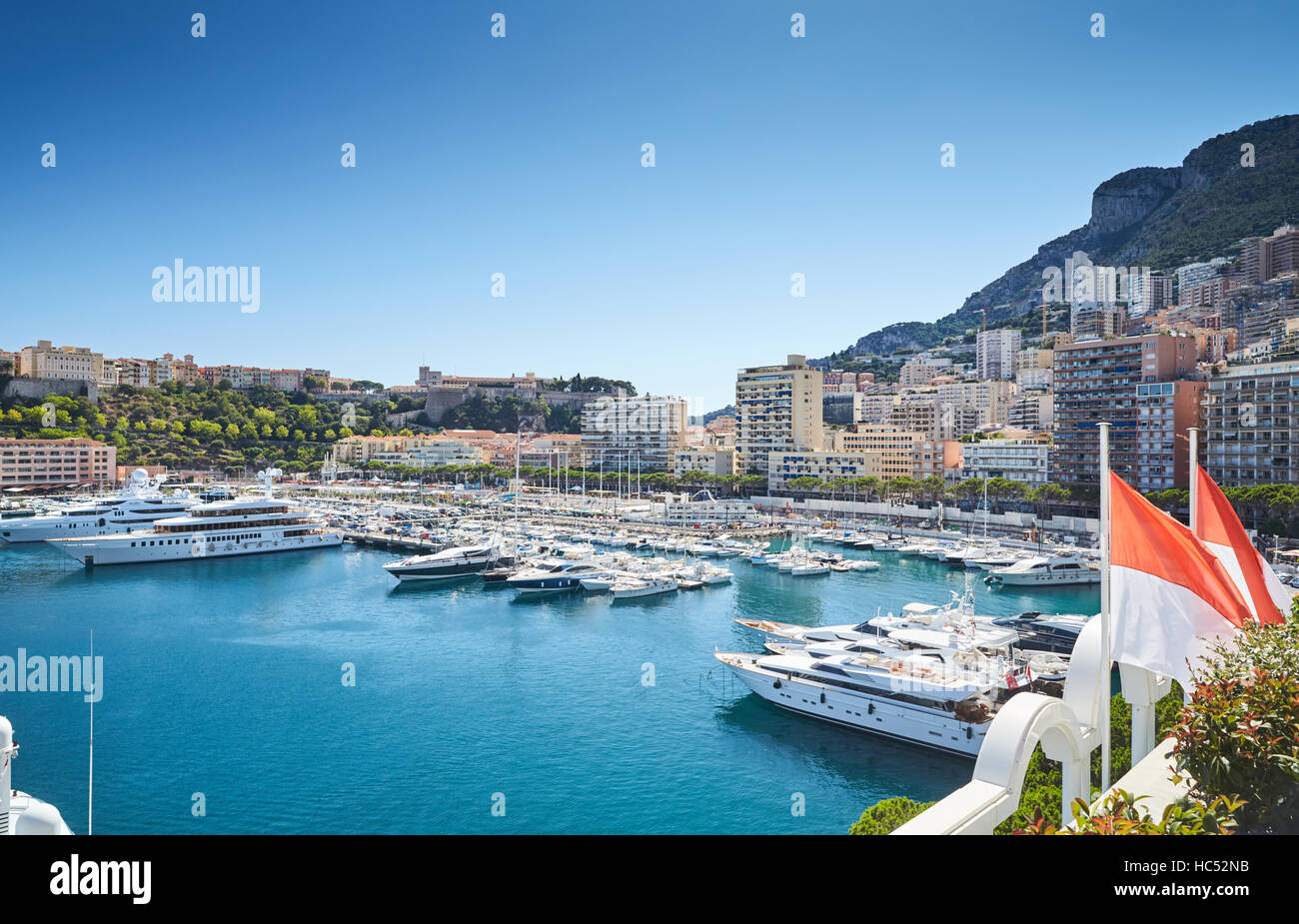 Monaco, Monte-Carlo, Monaco Ville, 8 August 2016: Port Hercules, the preparation of the yacht show MYS, sunny day, many yachts Stock Photo
