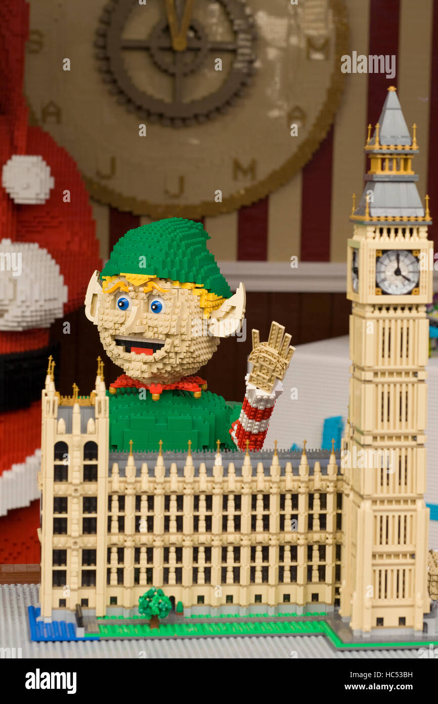 Elf and houses of Parliament made from Lego displayed in covent Gardens london England Stock Photo