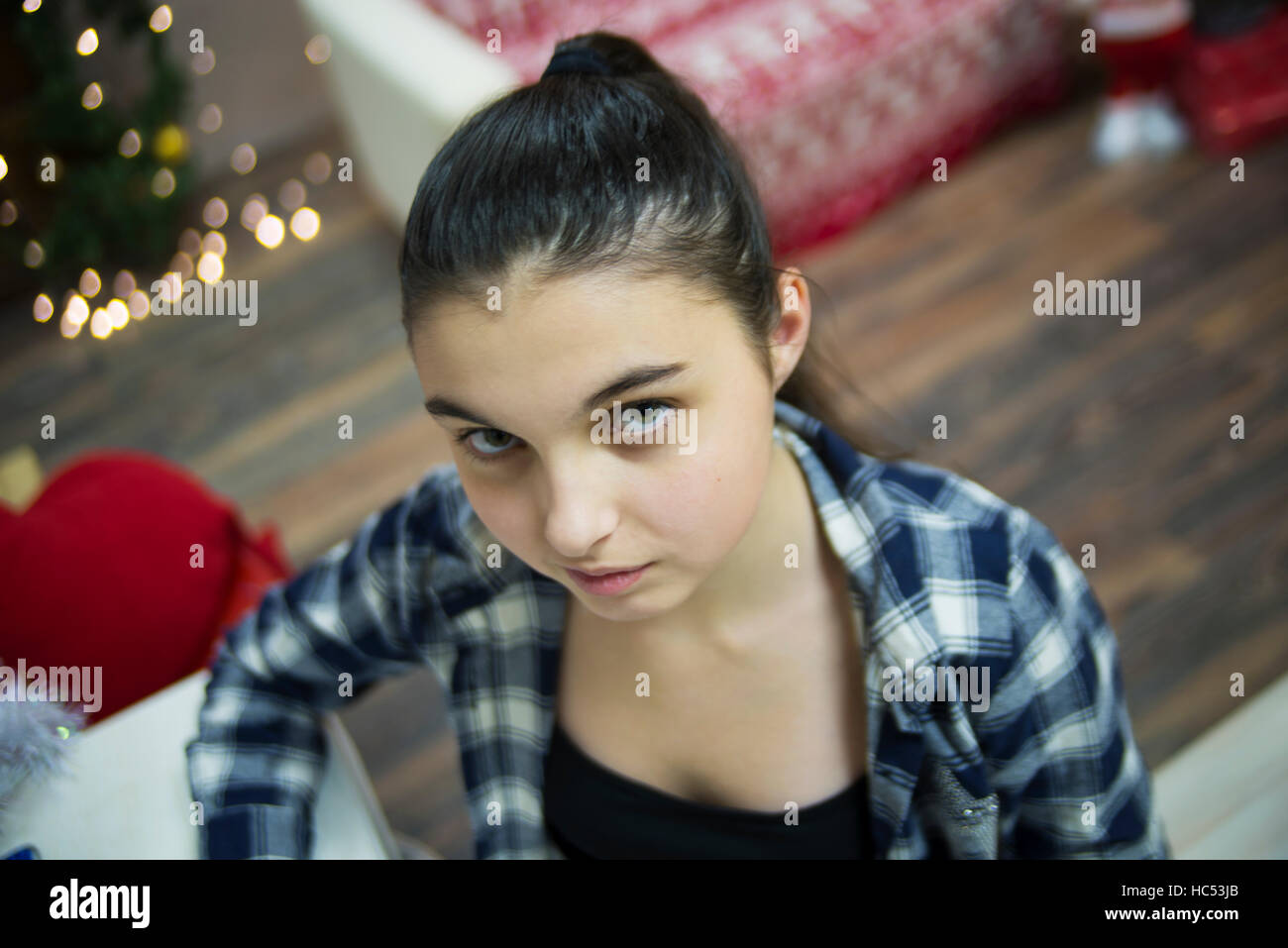 girl portrait in checkered shirt close Stock Photo