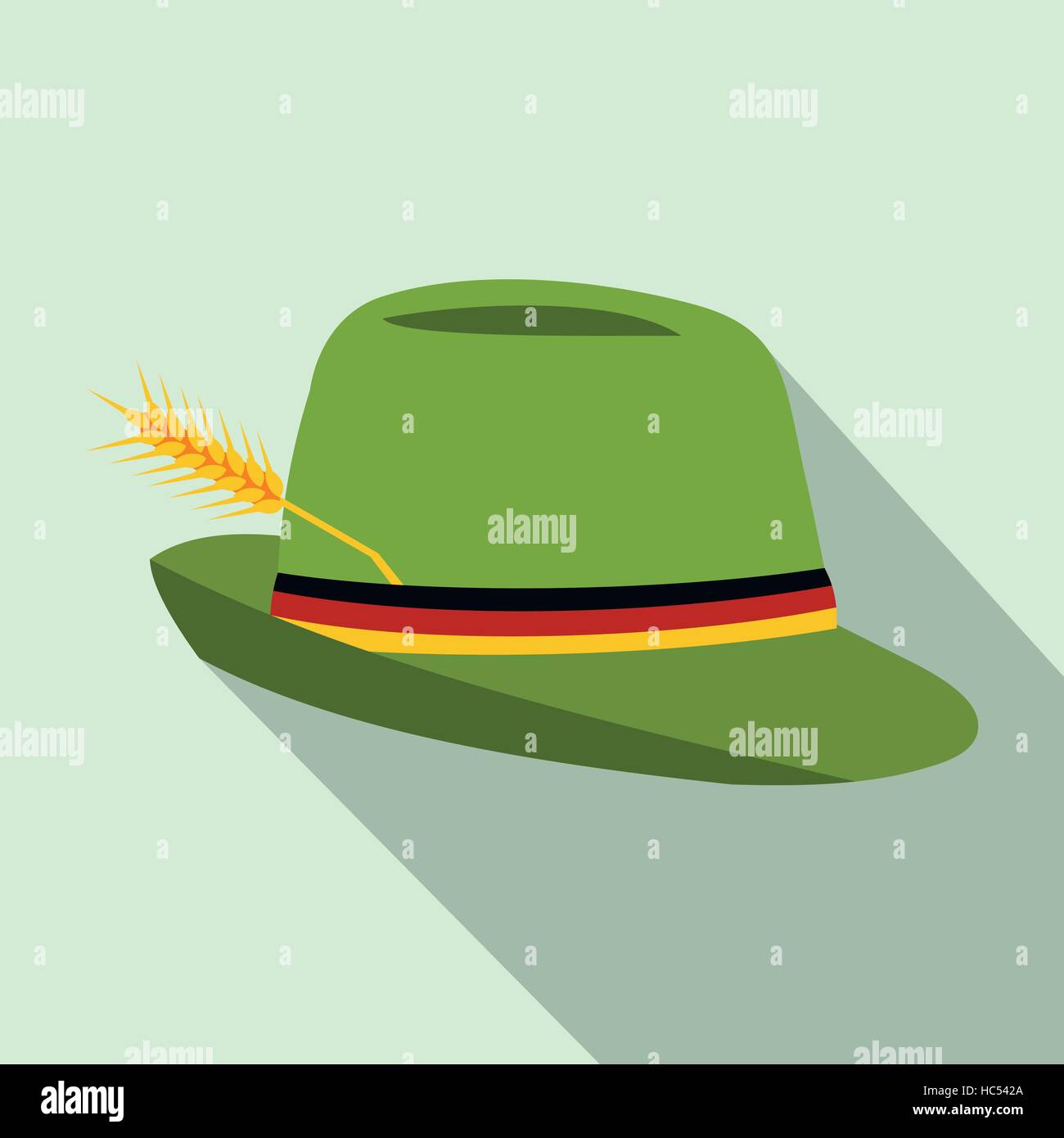 Green hat with a feather icon, flat style Stock Vector