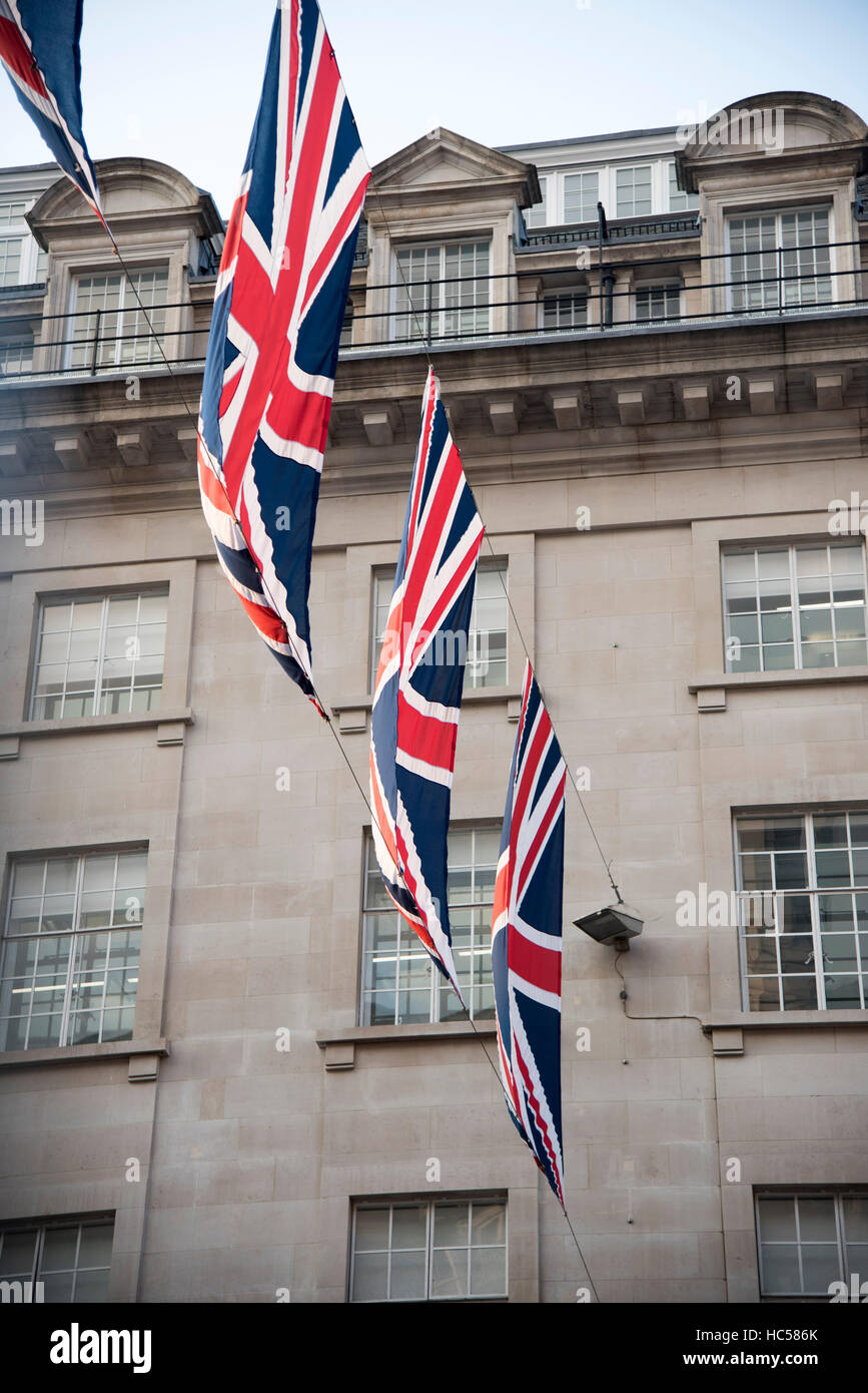 Regents Street Union Jacks flags strung across road Stock Photo