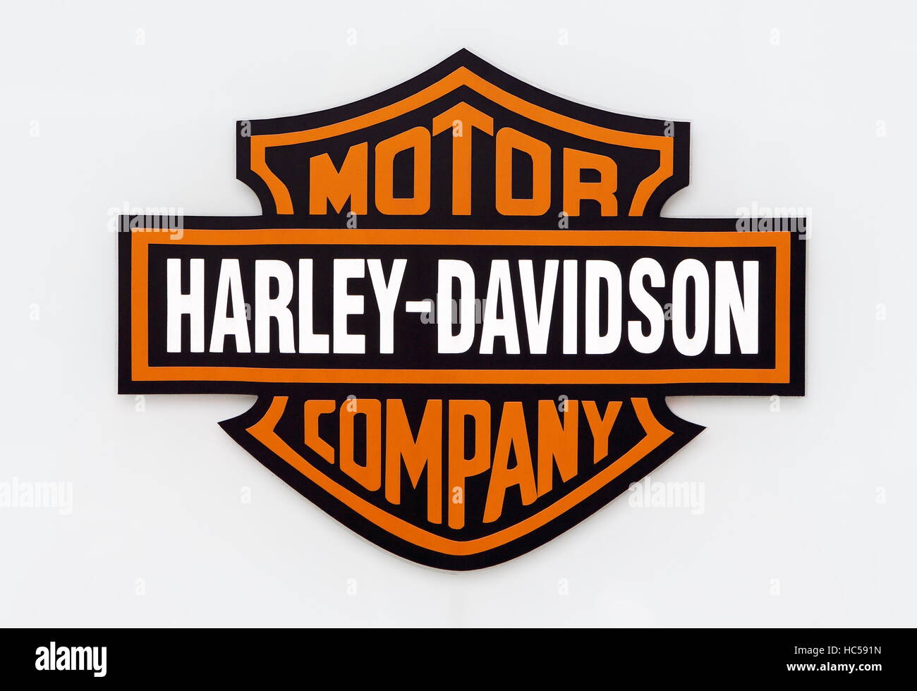 PRAGUE, NOVE BUTOVICE - DECEMBER 7, 2016: Logo of Harley-Davidson motor company on a wall of Czech office of Harley-Davidson. Stock Photo