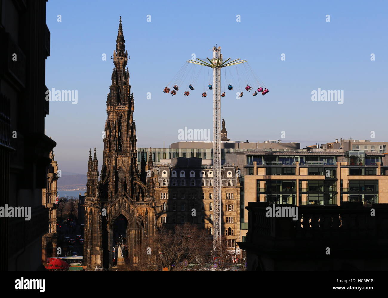 Star Flyer ride and Scott Monument Edinburgh Scotland December 2016