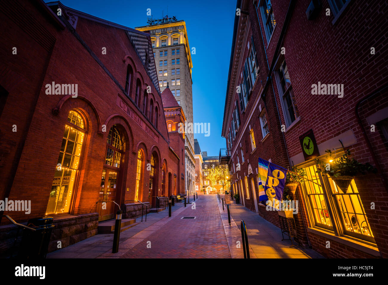 The Central Market and alley at night, in downtown Lancaster