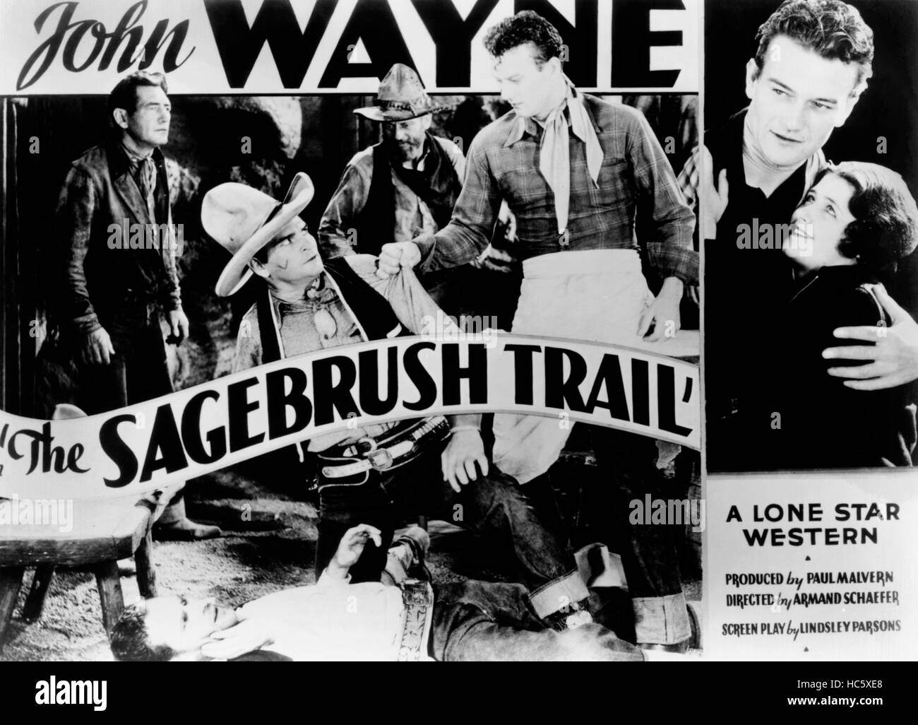 SAGEBRUSH TRAIL, Yakima Canurr (kneeling), John Wayne (grabbing shirt