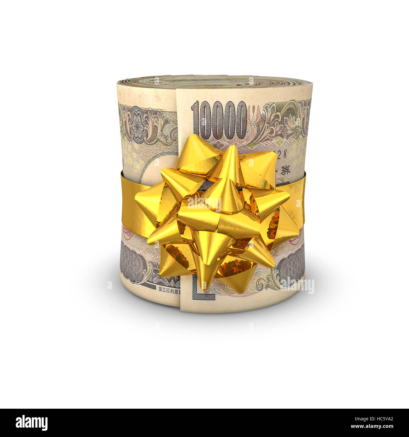 Money roll gift yen / 3D illustration of rolled up ten thousand yen notes tied with ribbon Stock Photo