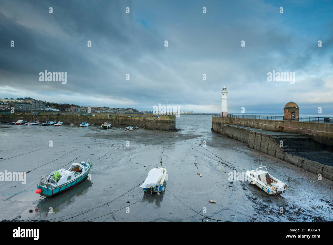 Stormy autumn morning at Newhaven harbour in Edinburgh, Scotland. Stock Photo