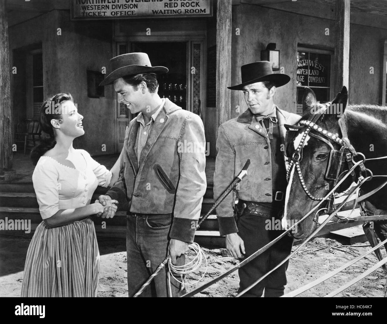 THE SILVER WHIP, from left: Debra Paget, Robert Wagner, Dale Robertson ...