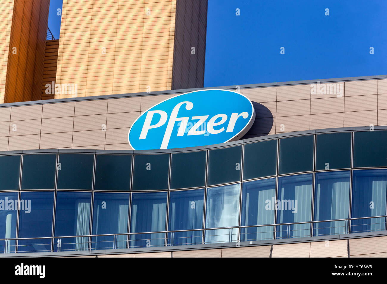 Pfizer logo, Berlin, Germany Stock Photo