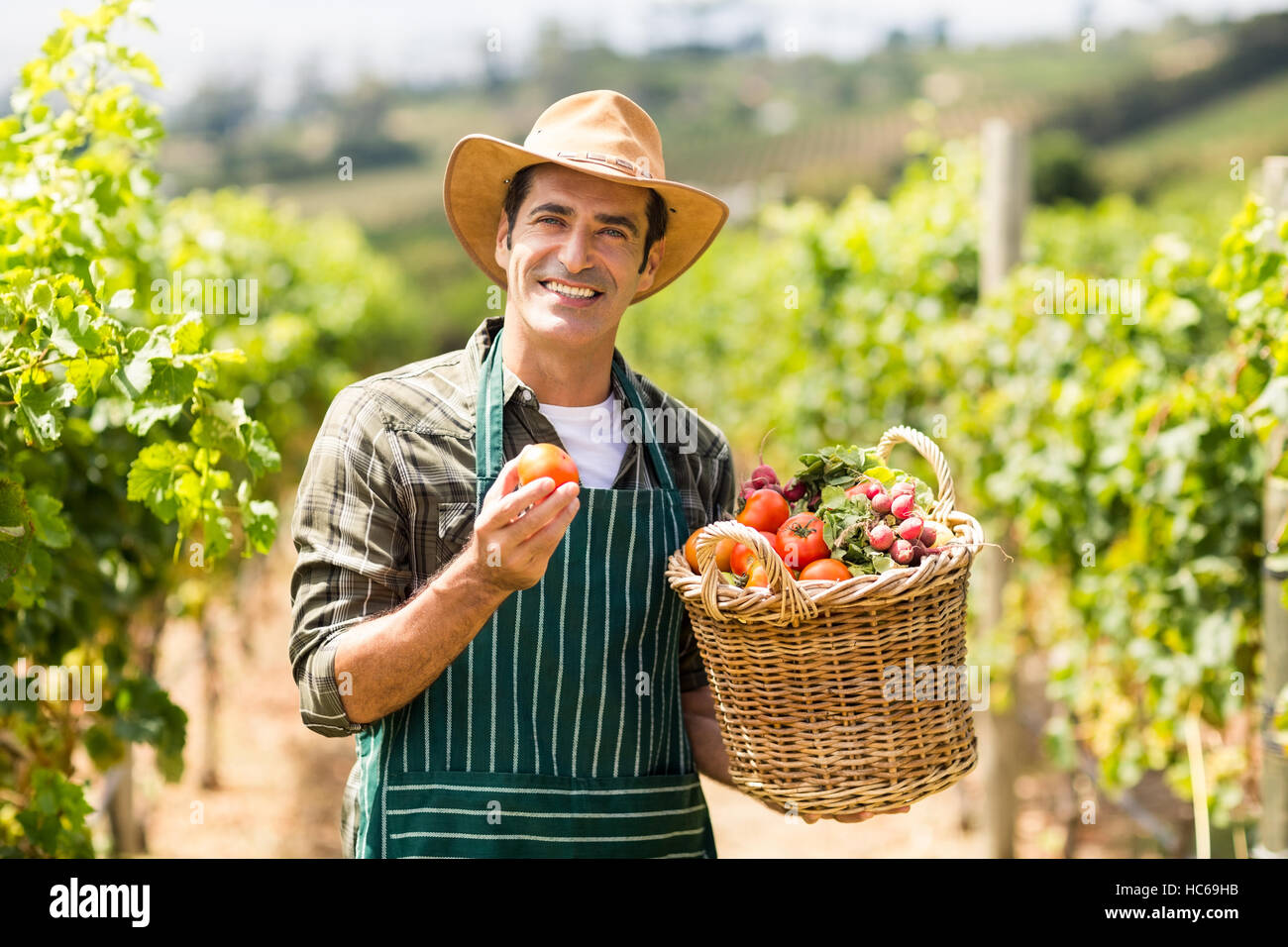 Portrait of happy farmer holding a basket of vegetables Stock Photo