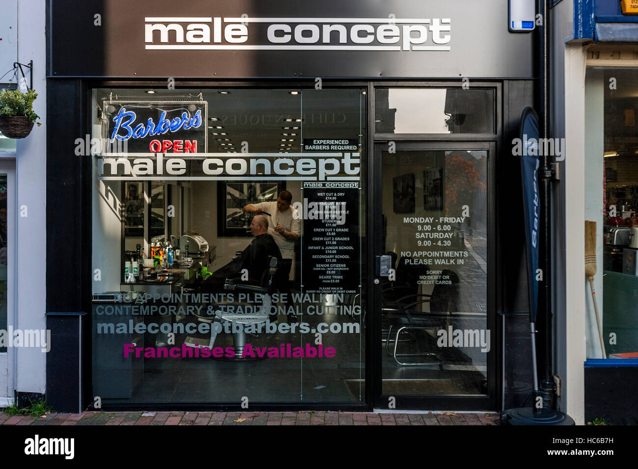 A Male Hairdressing Salon, High Street, Lewes, East Sussex, UK Stock Photo