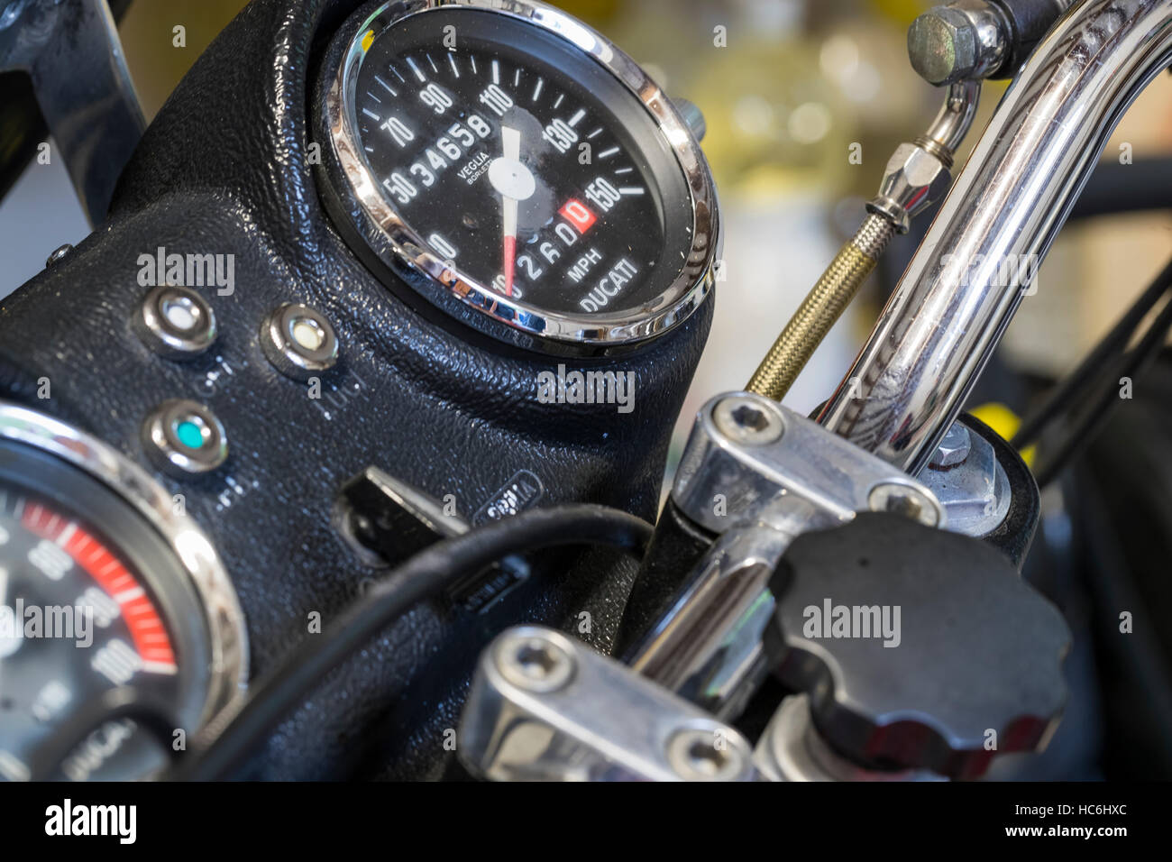 Small private collection of classic Ducati motorcycles, owned and ridden in Tuscany, Italy. Stock Photo