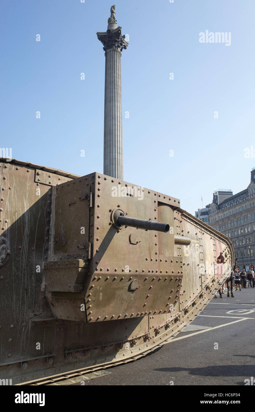 100th Anniversary of the Tank event in Trafalgar Square using replica tank in front of Nelson's Column September 15 2016 Stock Photo