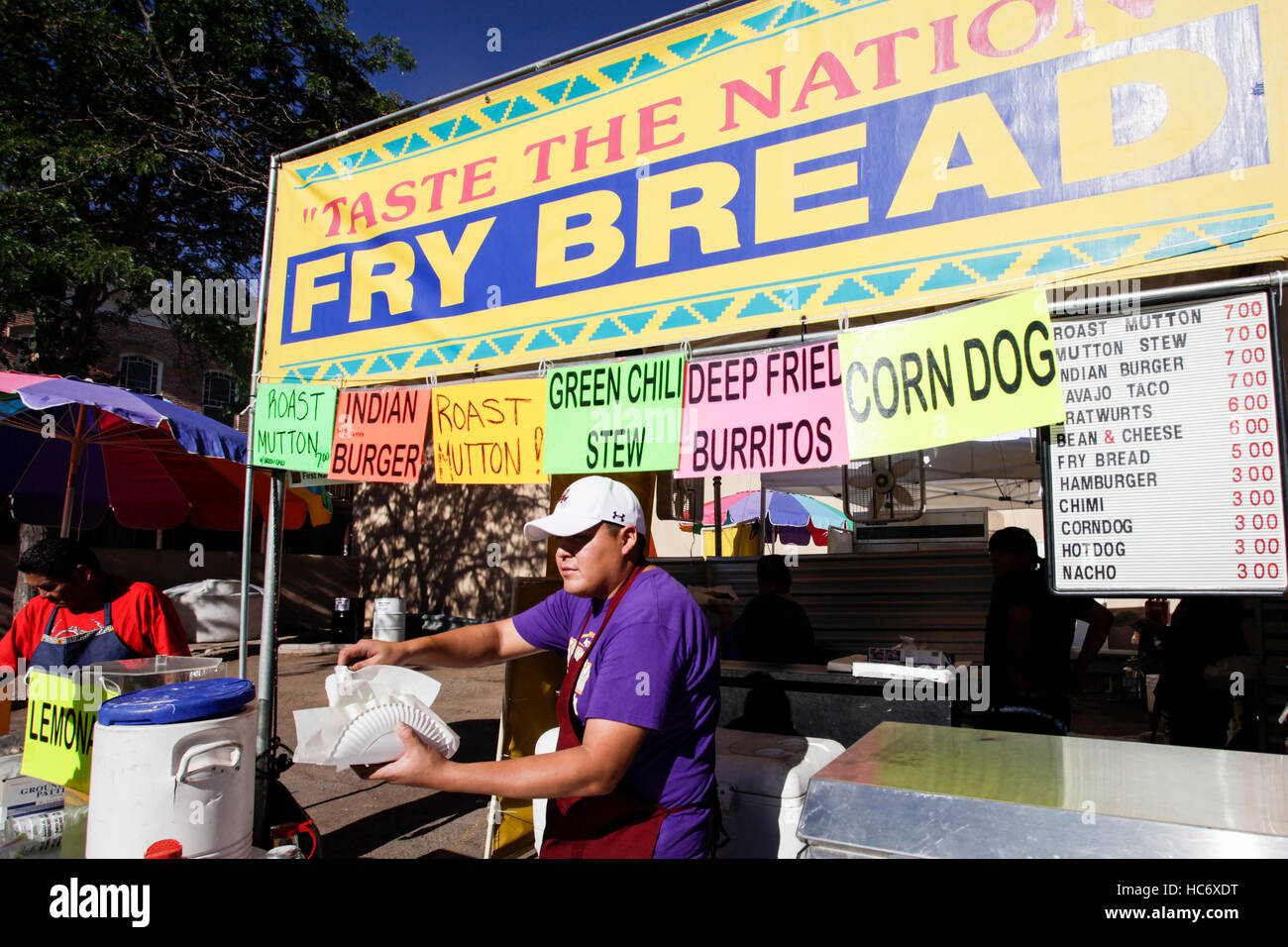 Santa Fe, New Mexico, United States. Native American food stand serving traditional food. Stock Photo
