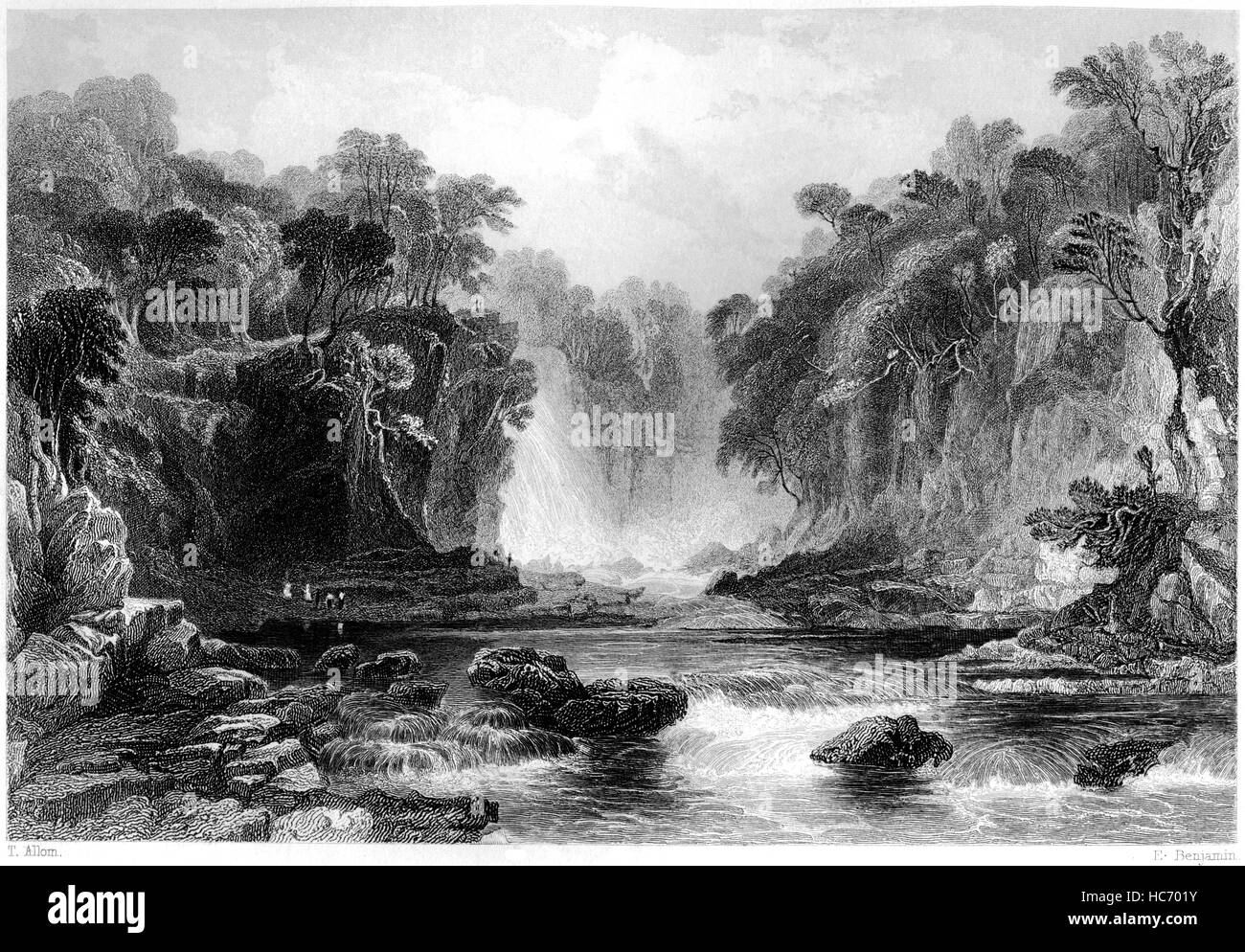 An engraving of Bonniton Lynn on the River Clyde scanned at high resolution from a book printed in 1859. Believed copyright free Stock Photo