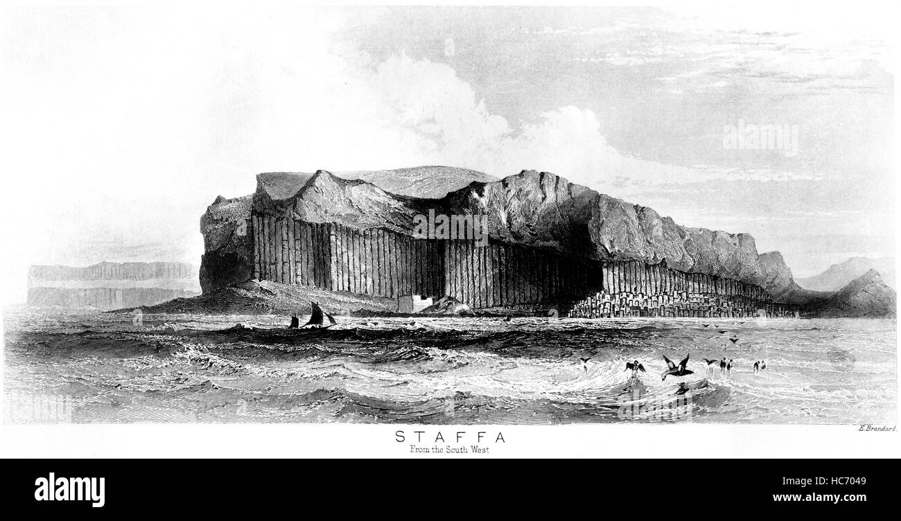 An engraving of Staffa from the South West scanned at high resolution from a book printed in 1859. Believed copyright free. Stock Photo