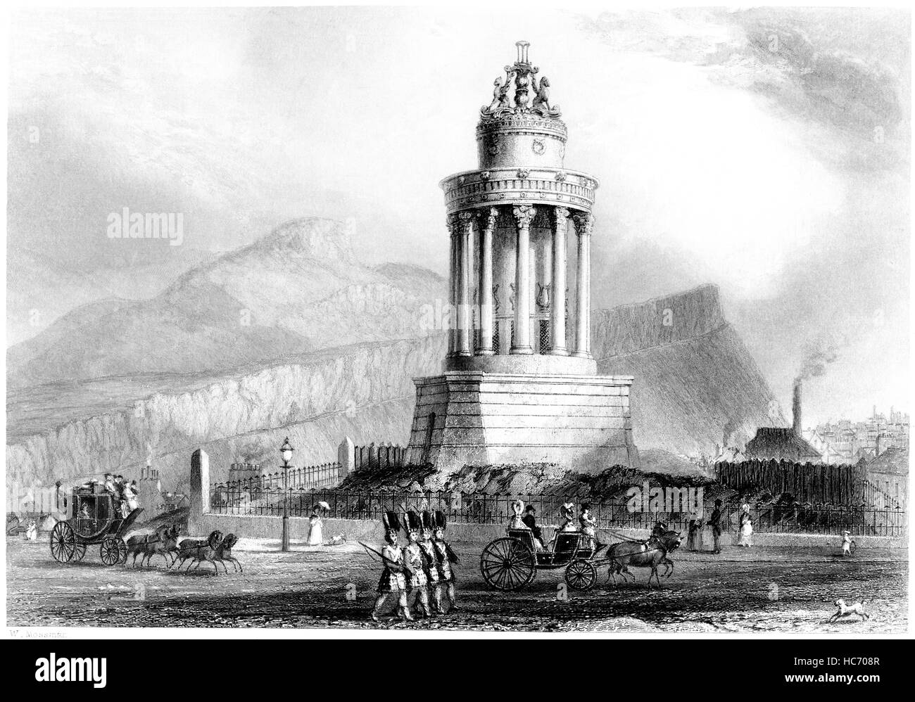 Engraving of Burns Monument on the Calton Hill scanned at high resolution from a book printed in 1859. Believed copyright free. Stock Photo