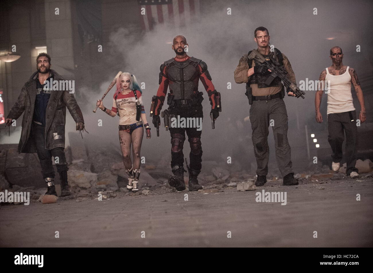 RELEASE DATE: August 5, 2016 TITLE: Suicide Squad STUDIO: Atlas Entertainment DIRECTOR: David Ayer PLOT: A secret government agency recruits imprisoned supervillains to execute dangerous black ops missions in exchange for clemency STARRING: JAI COURTNEY as Boomerang, WILL SMITH as Deadshot, MARGOT ROBBIE as Harley Quinn, DEWALE AKINNUOYE-AGBAJE as Killer Croc, JOEL KINNAMAN as Rick Flagg (Credit Image: c Atlas Entertainment/Entertainment Pictures/) Stock Photo