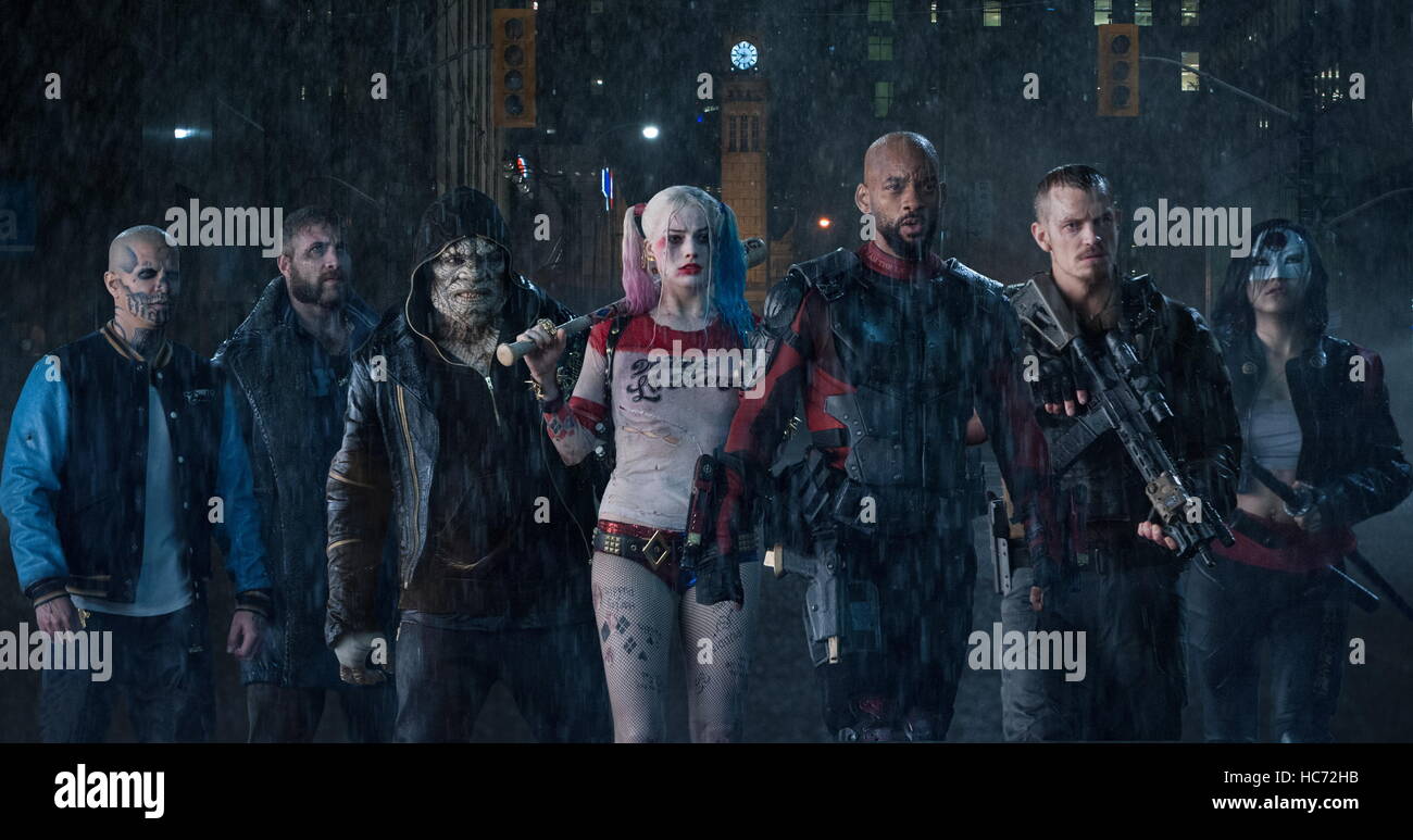 RELEASE DATE: August 5, 2016 TITLE: Suicide Squad STUDIO: Atlas Entertainment DIRECTOR: David Ayer PLOT: A secret government agency recruits imprisoned supervillains to execute dangerous black ops missions in exchange for clemency STARRING: JAI COURTNEY as Boomerang, WILL SMITH as Deadshot, MARGOT ROBBIE as Harley Quinn, DEWALE AKINNUOYE-AGBAJE as Killer Croc, JOEL KINNAMAN as Rick Flagg, JARED LETO as the joker. (Credit Image: c Atlas Entertainment/Entertainment Pictures/) Stock Photo