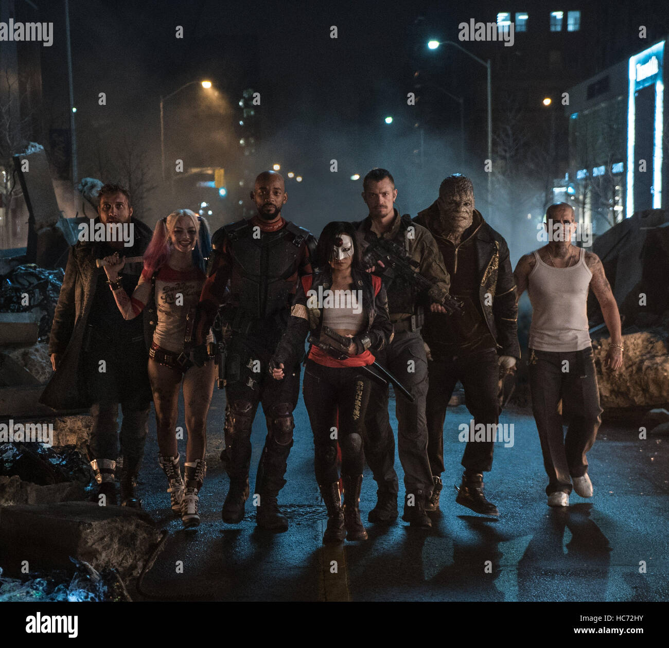 RELEASE DATE: August 5, 2016 TITLE: Suicide Squad STUDIO: Atlas Entertainment DIRECTOR: David Ayer PLOT: A secret government agency recruits imprisoned supervillains to execute dangerous black ops missions in exchange for clemency STARRING: JAI COURTNEY as Boomerang, WILL SMITH as Deadshot, MARGOT ROBBIE as Harley Quinn, DEWALE AKINNUOYE-AGBAJE as Killer Croc, JOEL KINNAMAN as Rick Flagg, JARED LETO as the joker. (Credit Image: c Atlas Entertainment/Entertainment Pictures/) Stock Photo