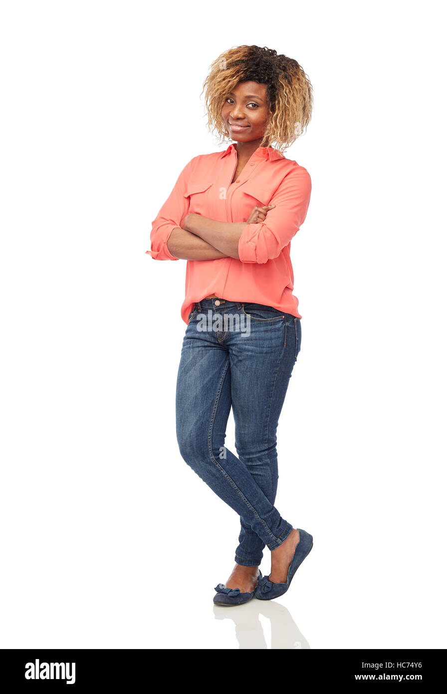 happy african american young woman over white Stock Photo - Alamy