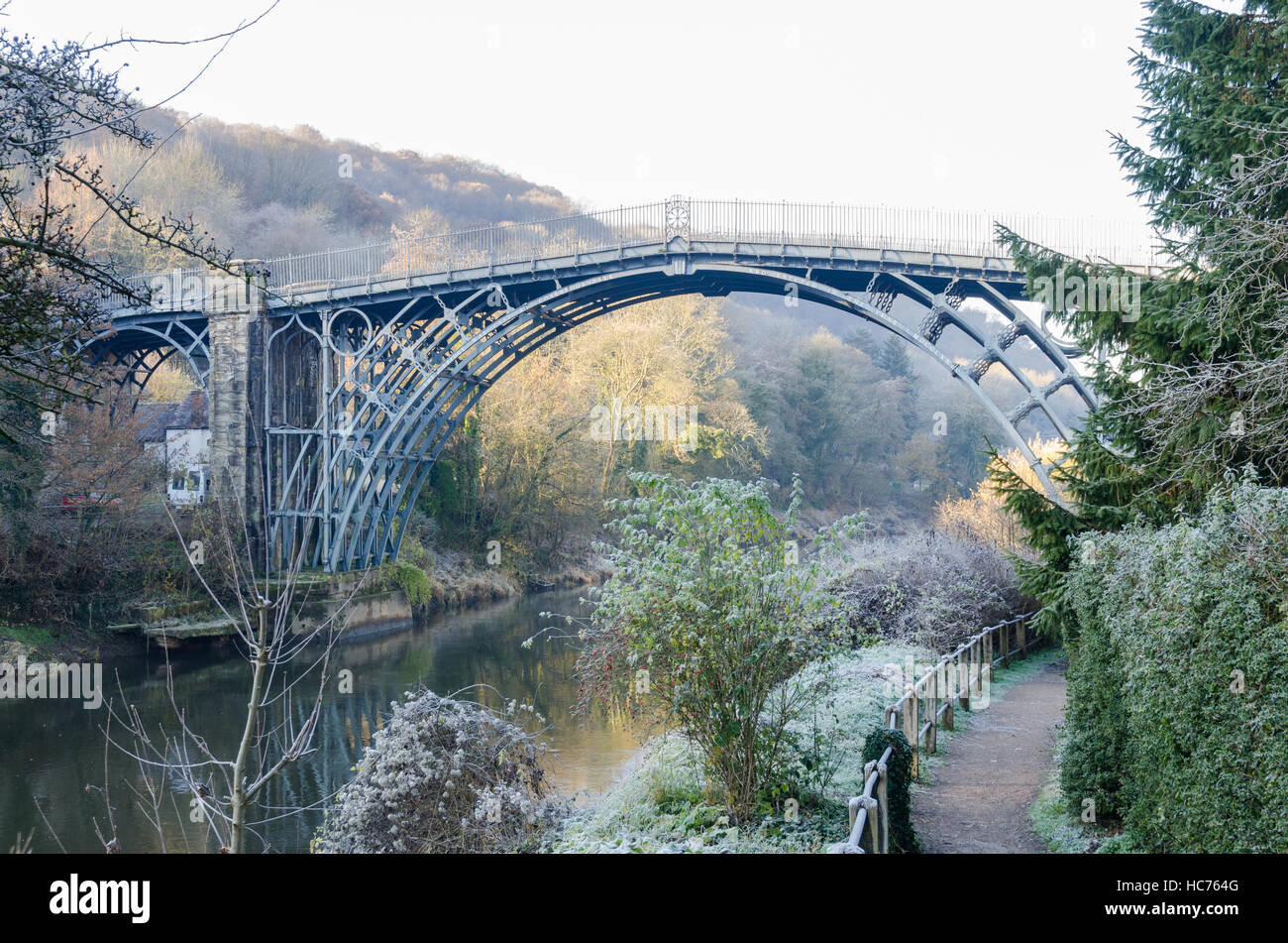 The Iron Bridge over Ironbridge in Shropshire on a frosty winter