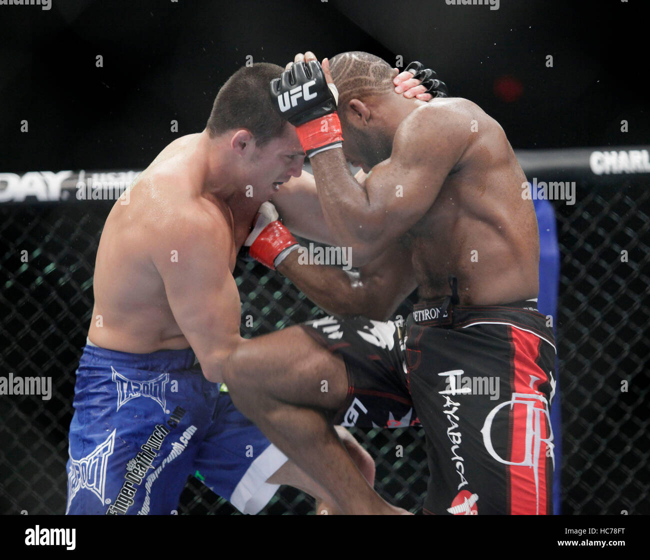 UFC fighter John Howard, right, fights Jake Ellenberger at UFC-Live: Jones vs. Matyushenko at the San Diego Sports Arena on August 1, 2010, in San Diego, California. Francis Specker Stock Photo