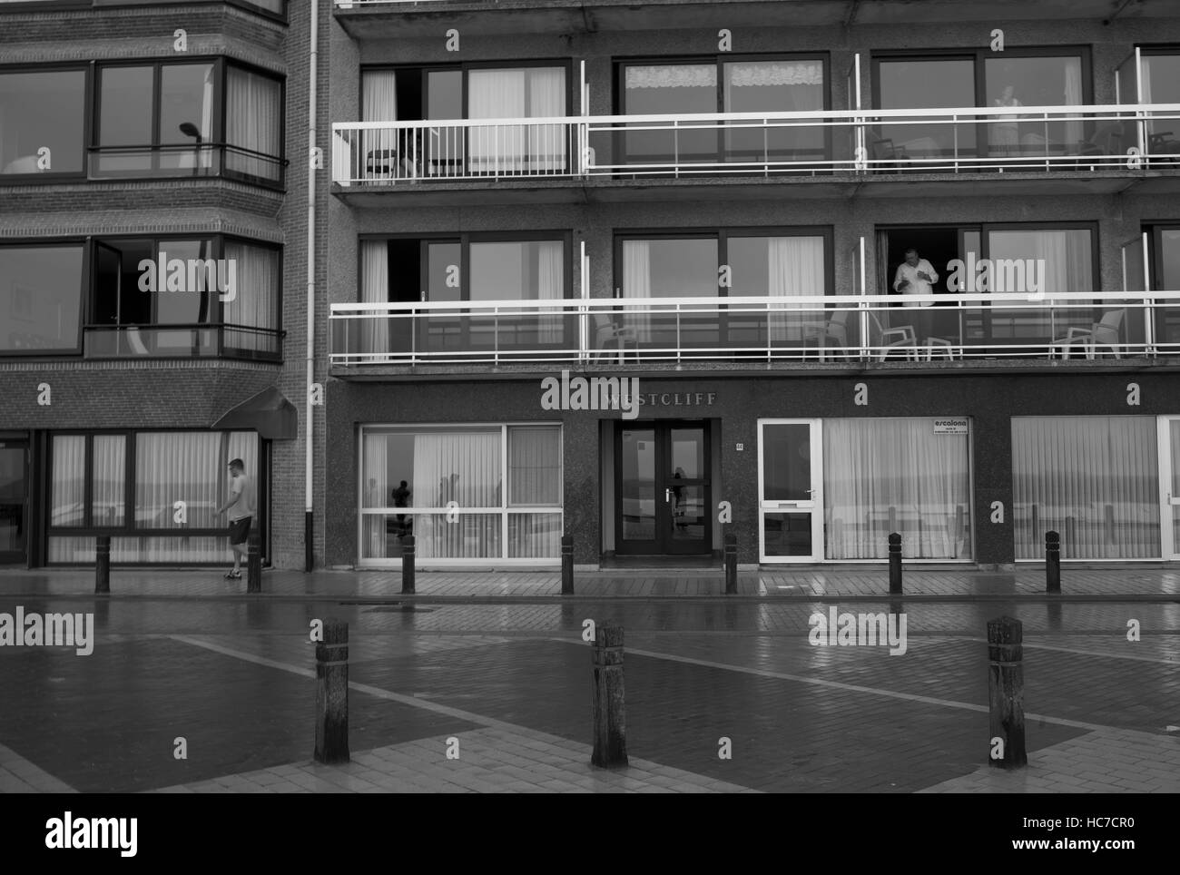 Holiday apartments on the rainy North Sea coast, Blankenberge, Belgium Stock Photo