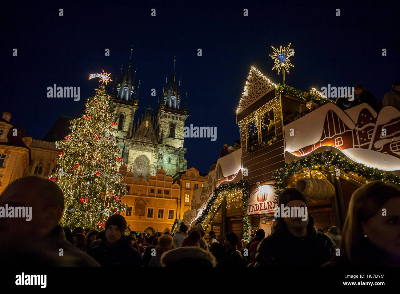 Old town square Christmas market with Christmas tree in Prague, Czech