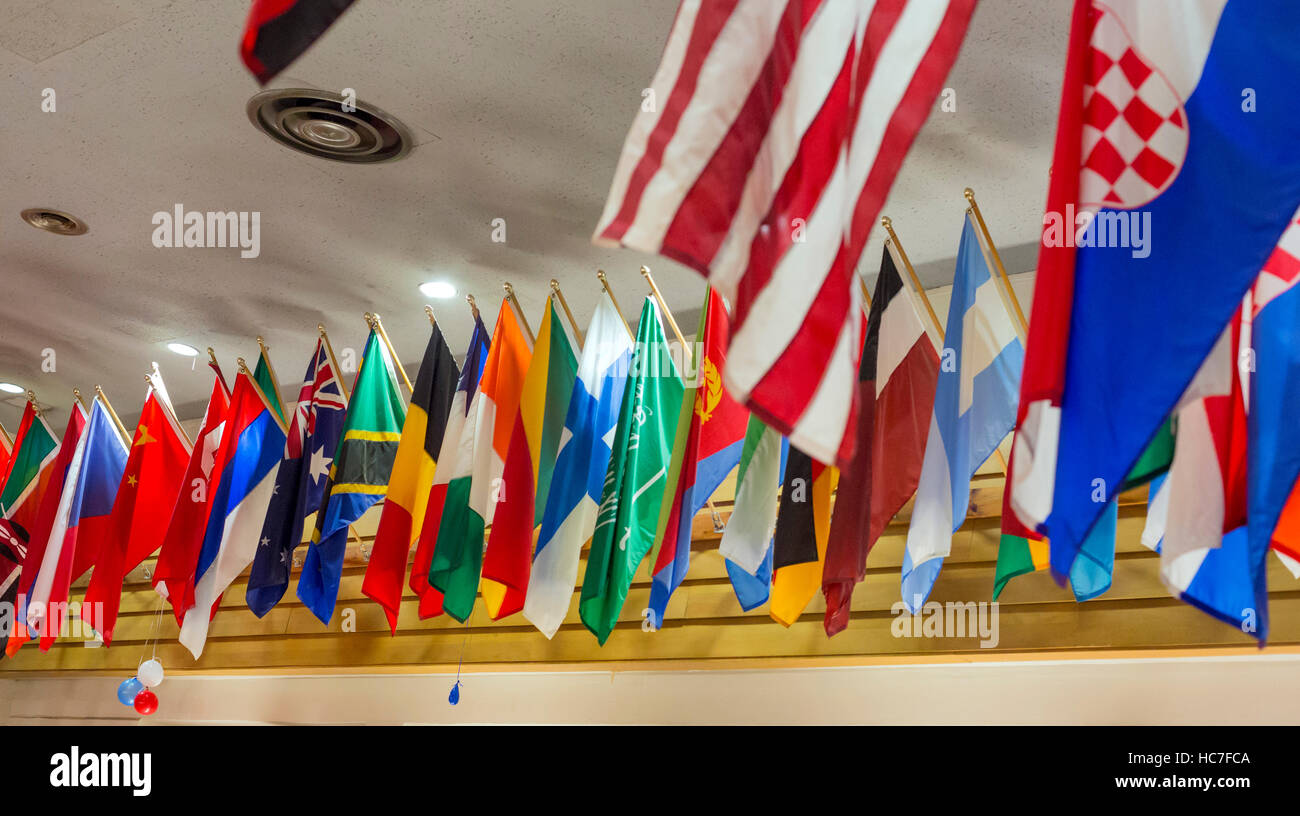 Detroit, Michigan - Flags on display at Detroit's International Institute. Stock Photo
