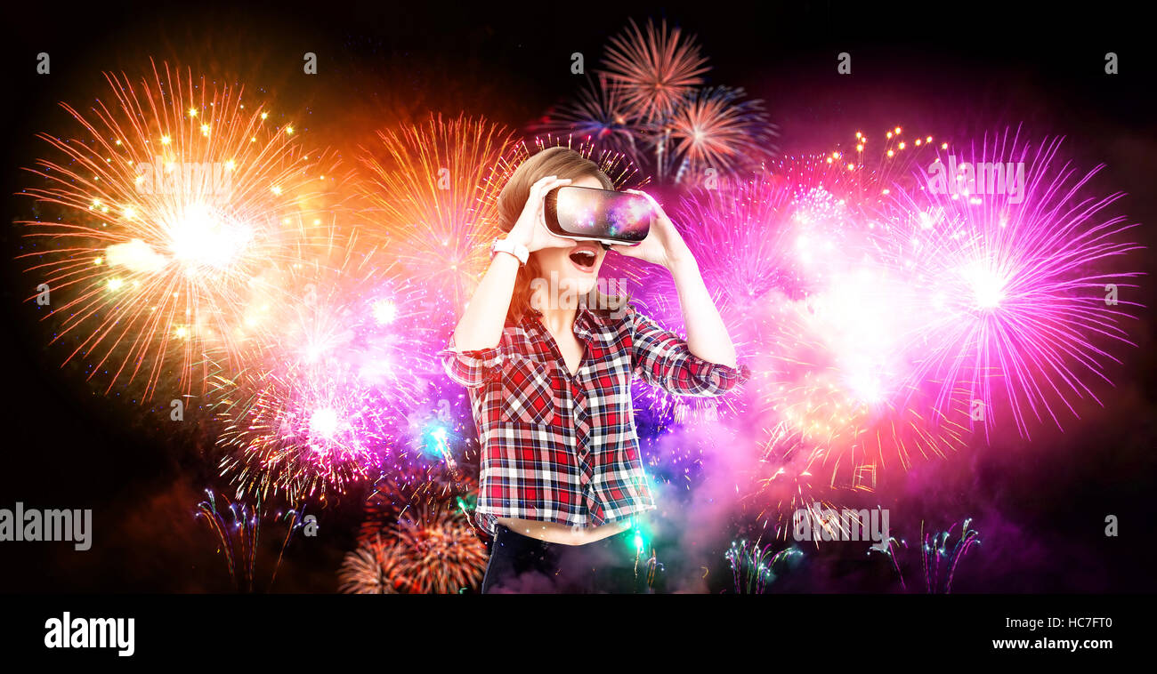 Double exposure, girl getting experience using VR glasses, being in ...