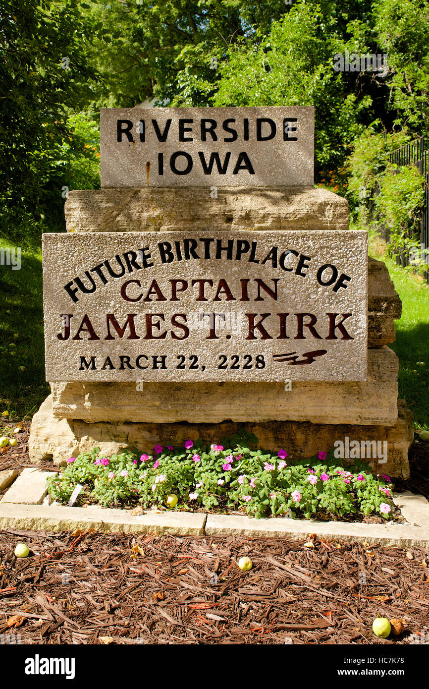 Memorial stone for Captain Kirk behind West First Street, Riverside, Washington County, Iowa, USA. Stock Photo