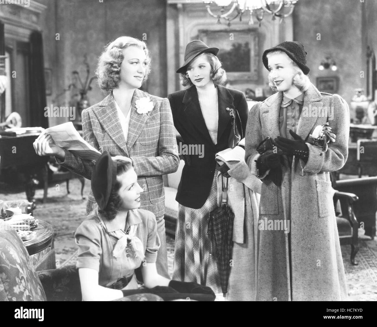 STAGE DOOR, Ann Miller (seated), standing from left: Eve Arden, Lucille Ball, Ginger Rogers, 1937 Stock Photo