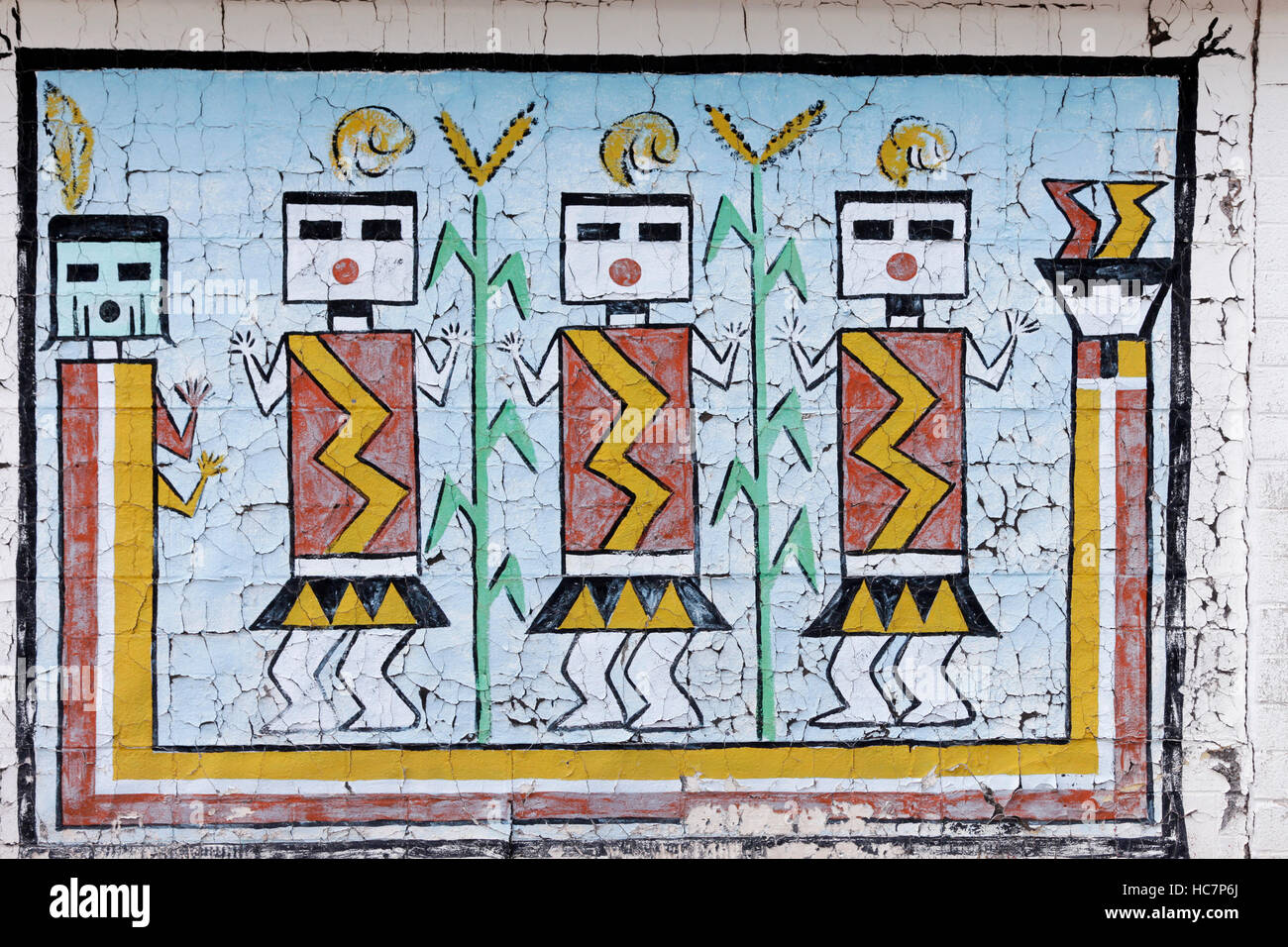 Route 66, New Mexico.  Old Native American painting on abandoned hotel wall. Stock Photo