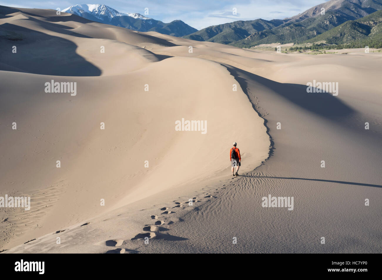 Saguache County, Colorado: Man walking along High Dune at Great Sand Dunes National Park and Preserve. Stock Photo