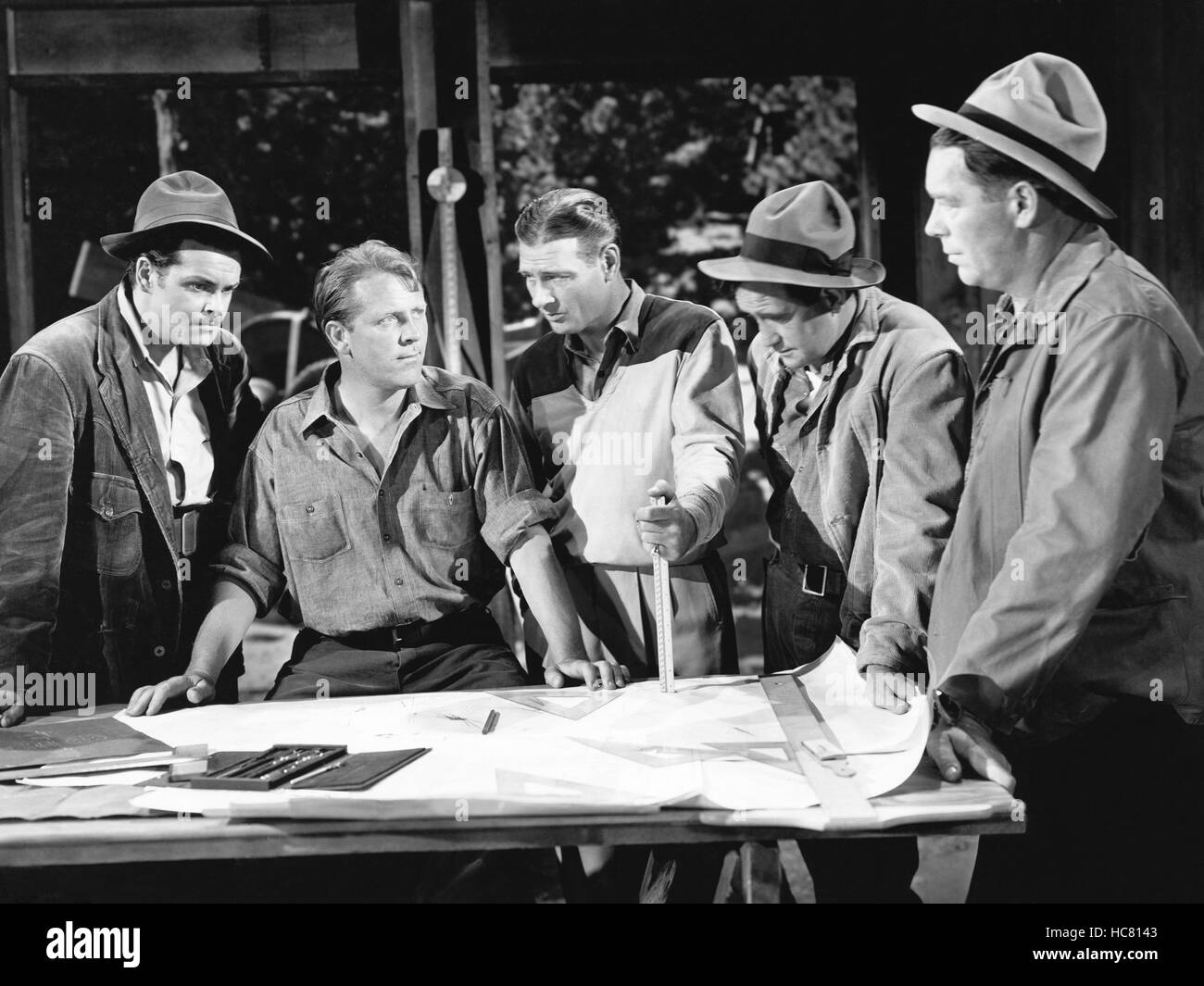 TIMBER QUEEN, from left Edmund MacDonald, Dick Purcell, Richard Arlen