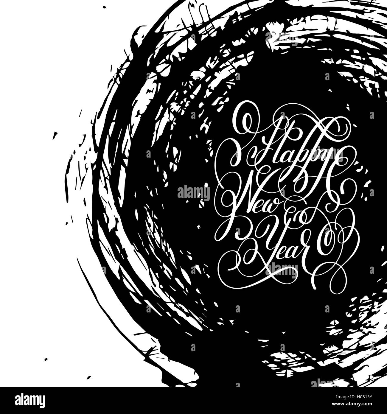 black and white Happy New Year hand lettering congratulate inscr Stock Vector