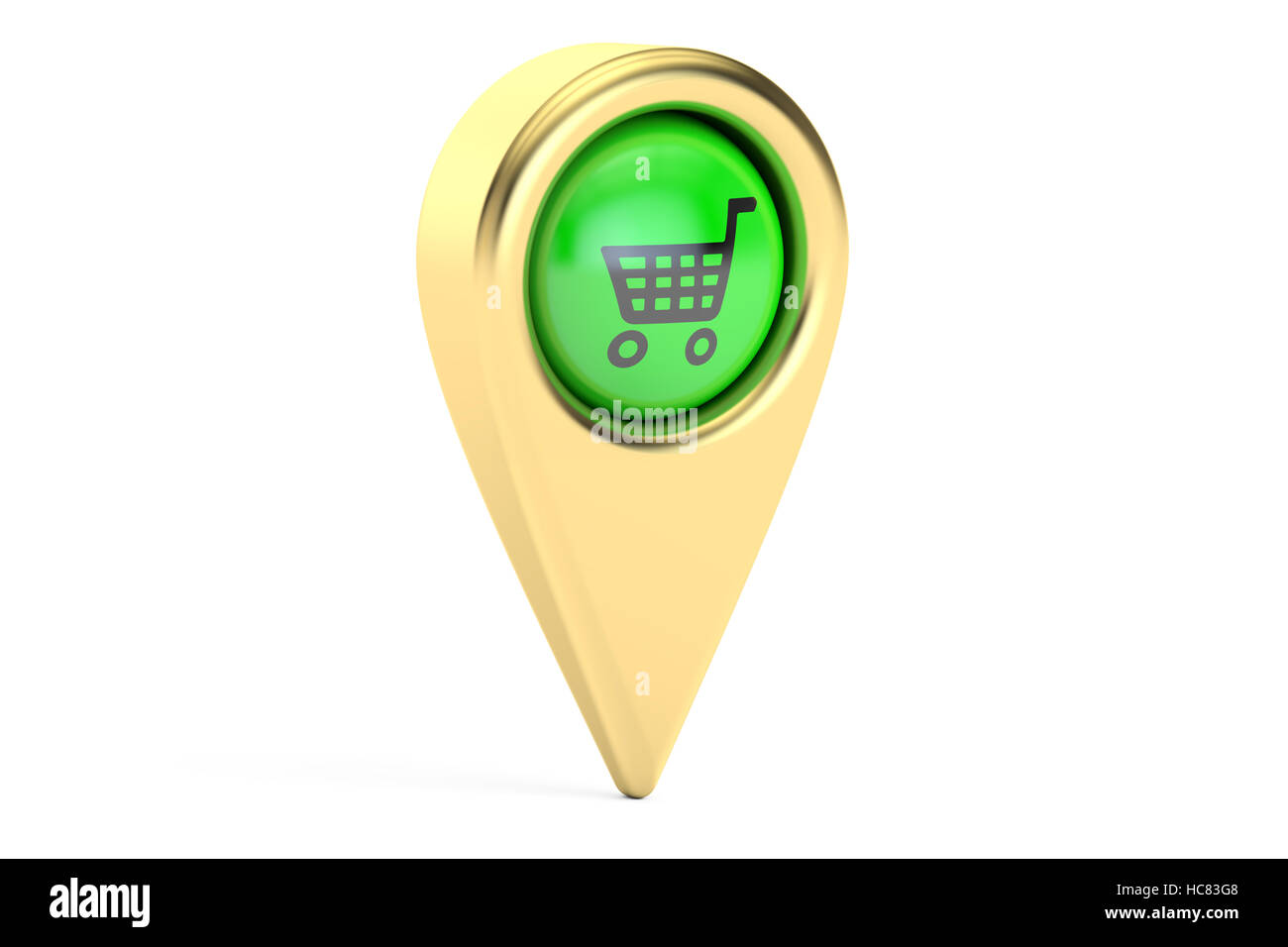 Map pointer with shopping cart. Shopping location concept, 3D rendering ...