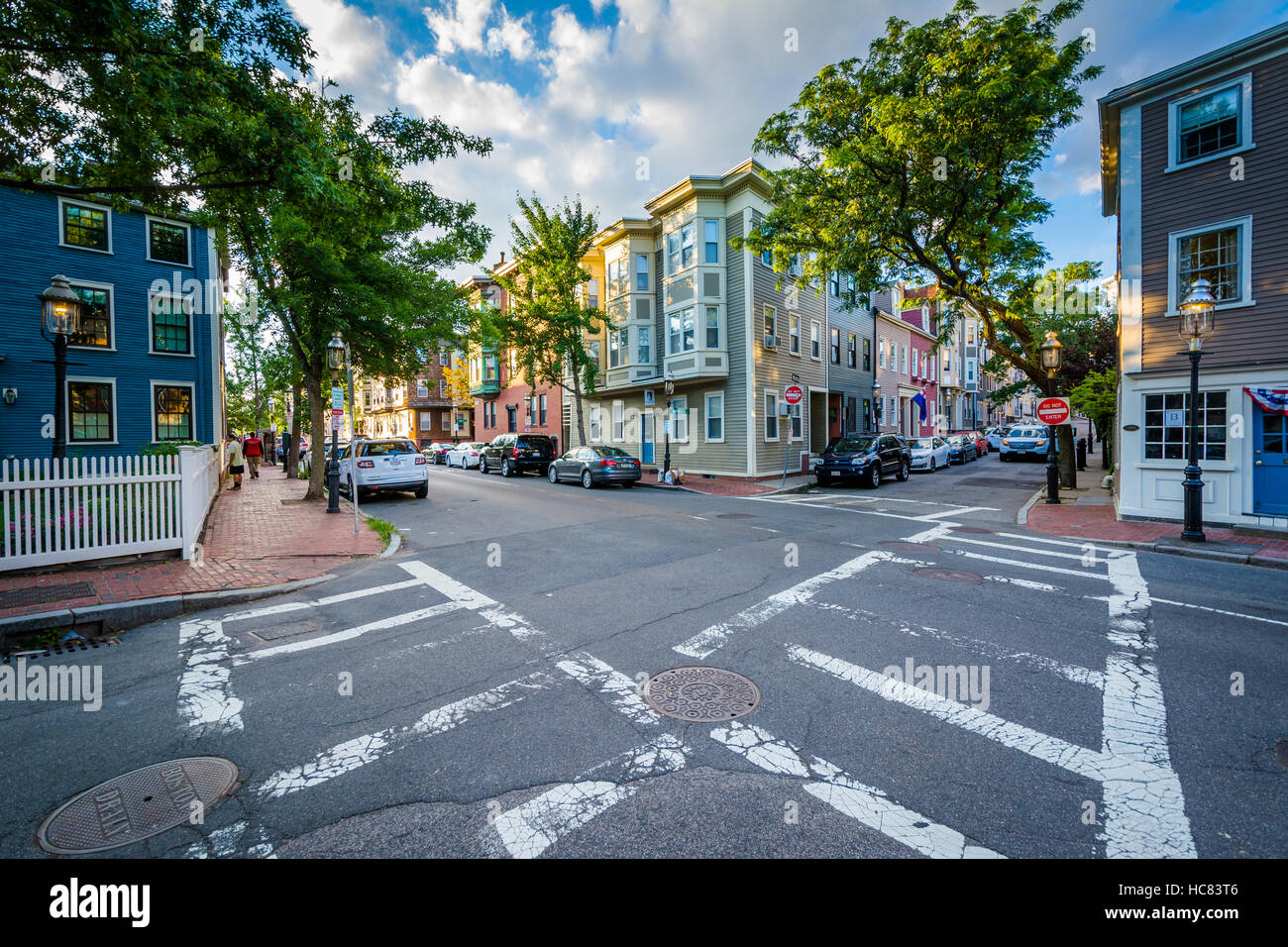 Intersection and beautiful houses in Charlestown, Boston, Massachusetts