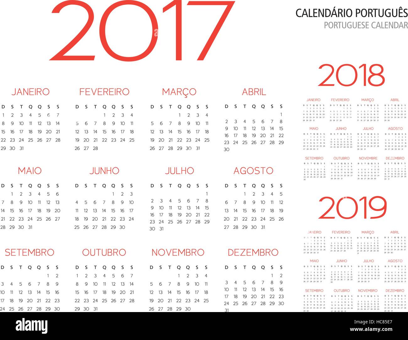 portuguese calendar grid 2017 2018 2019 Stock Vector