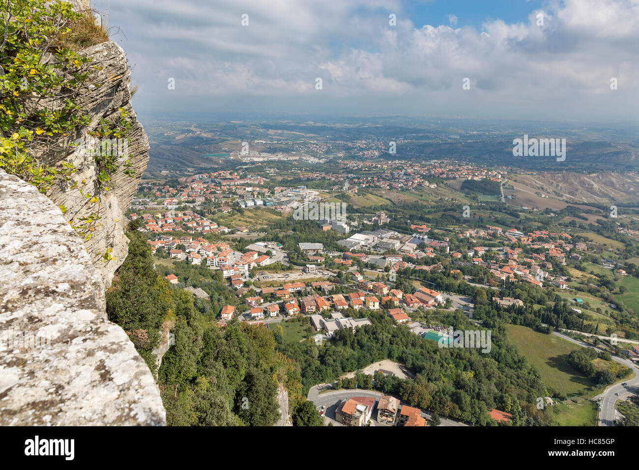 San Marino and Central Italy rural landscape, view from above from Monte Titano mountain. Stock Photo