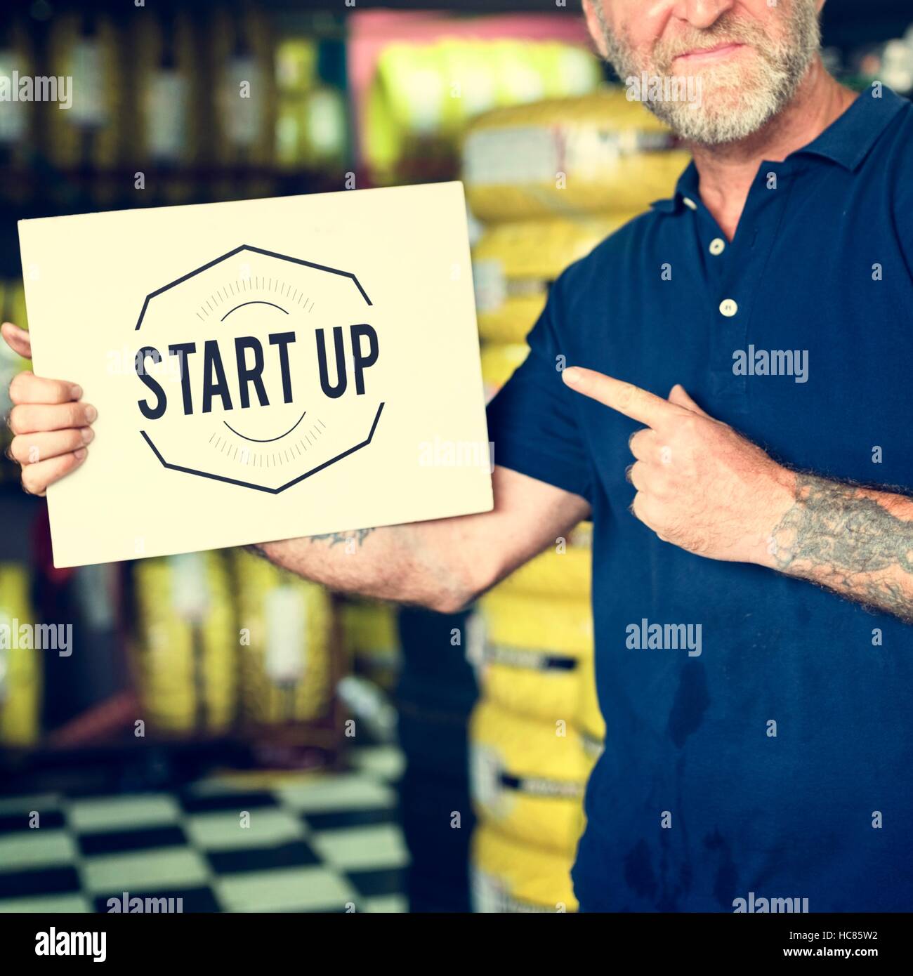 Car Parts Shop Owner Holding Placard Warehouse Startup Concept Stock