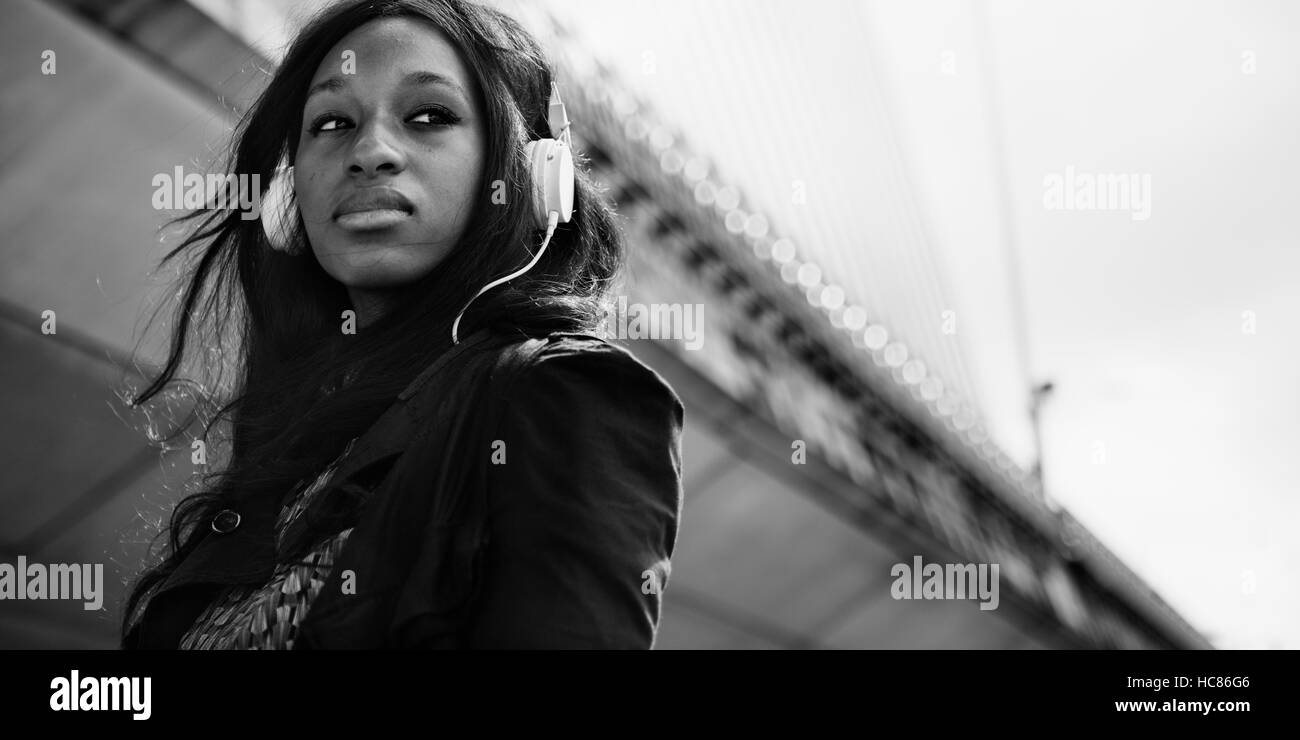 African Woman Listening Music Media Entertainment Relaxation Concept Stock Photo