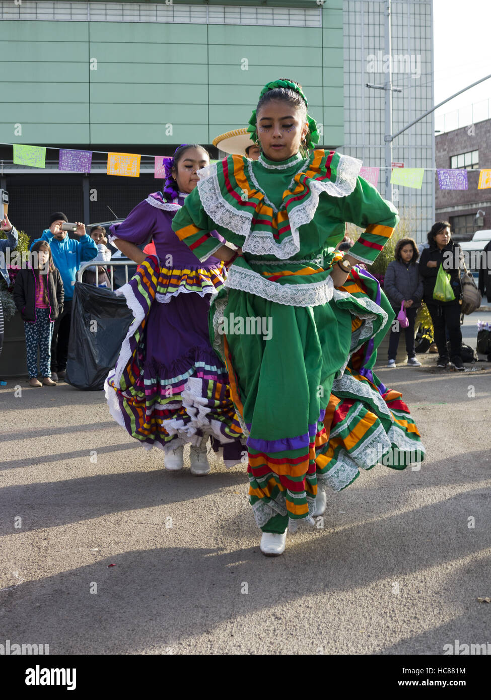 Mexican folkloric dancers at First Annual Day of the Dead Celebration in the Kensington section of Brooklyn, New York on October 30, 2016. Stock Photo