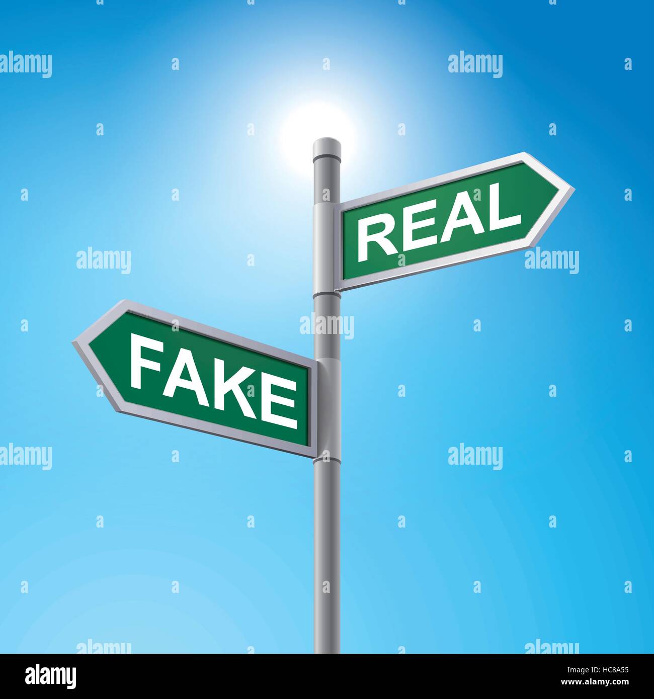crossroad 3d vector road sign saying fake and real Stock Vector
