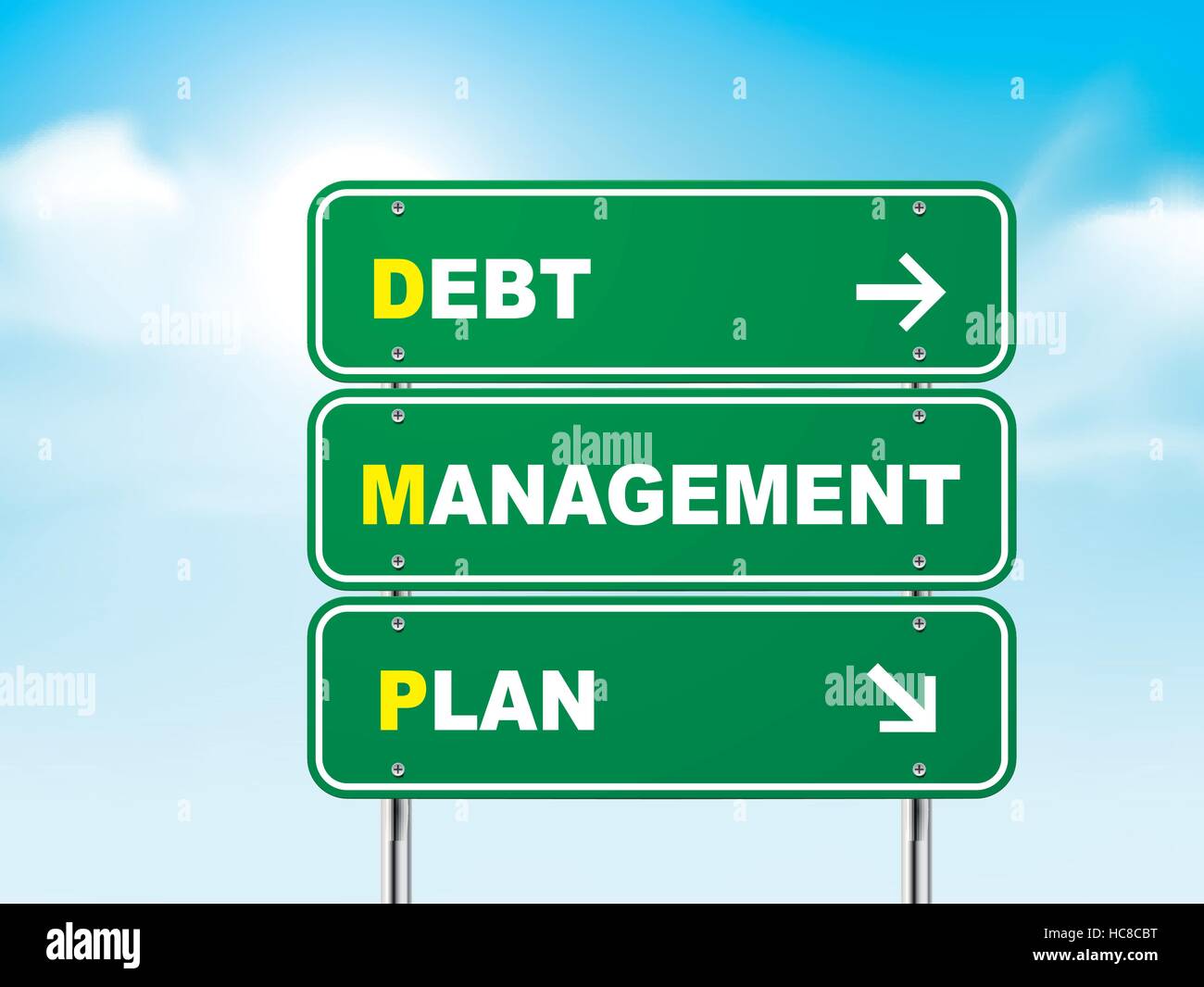 3d debt management plan road sign isolated on blue background Stock Vector