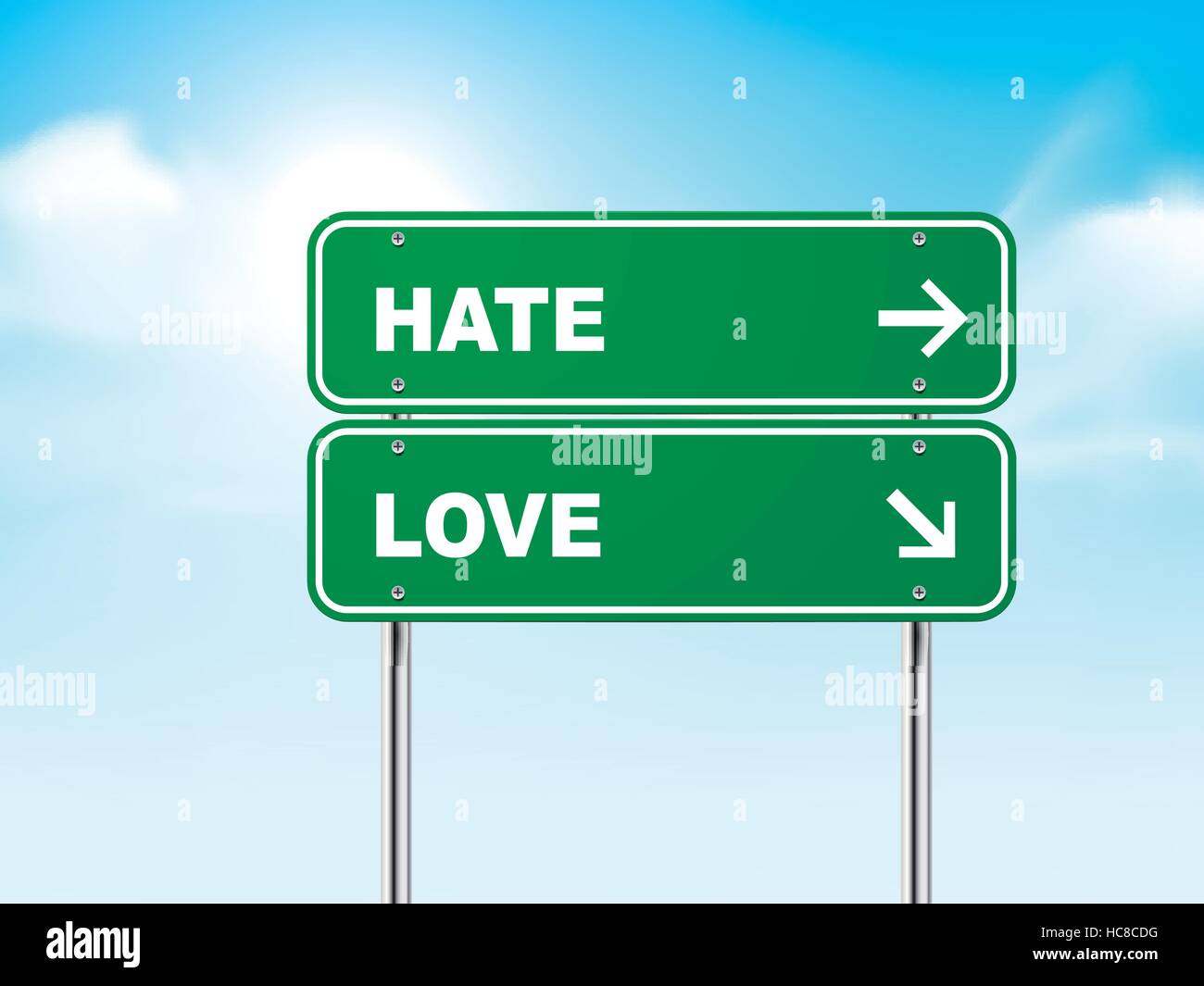 3d road sign with hate and love isolated on blue background Stock Vector