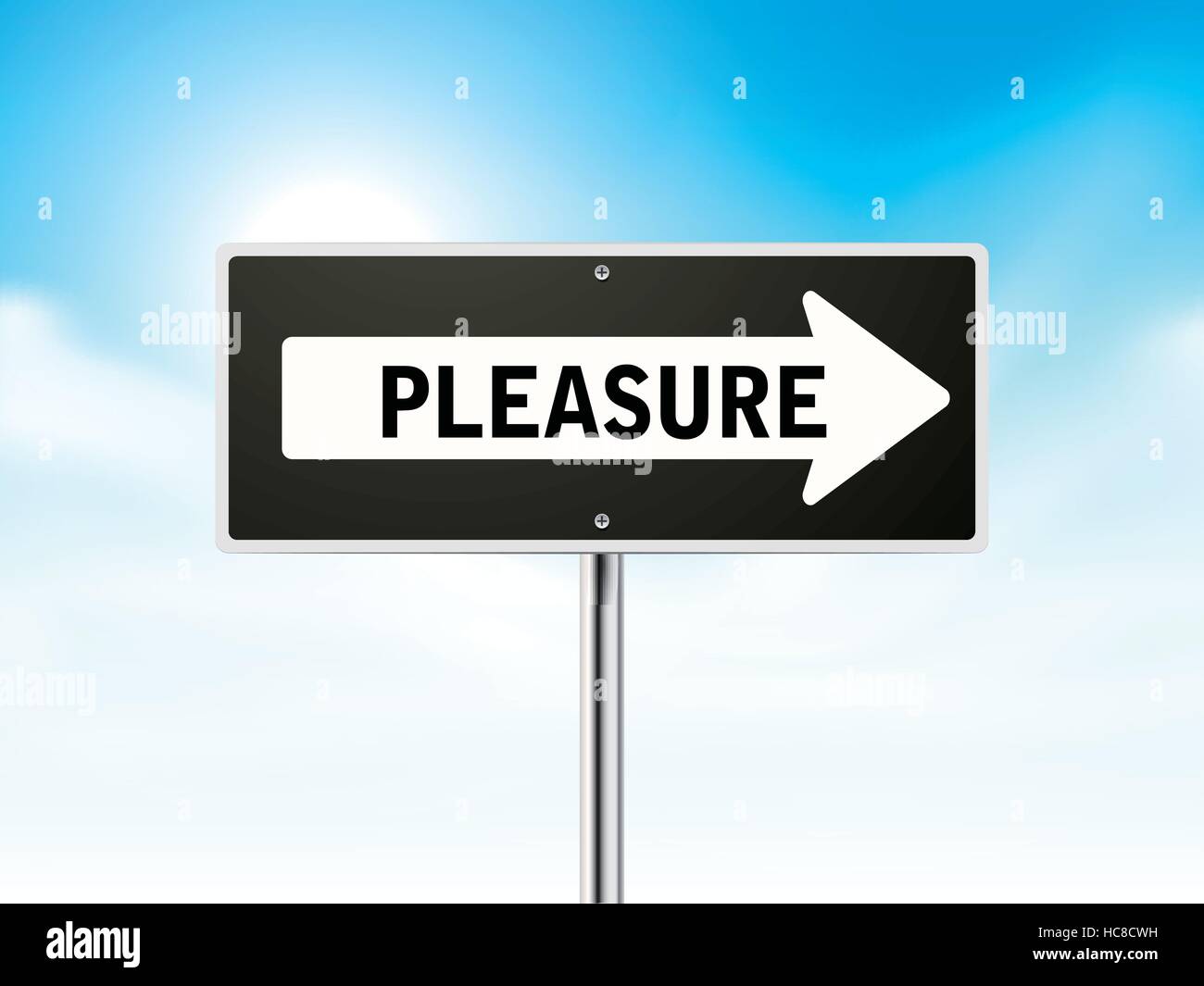 pleasure on black road sign isolated over sky Stock Vector