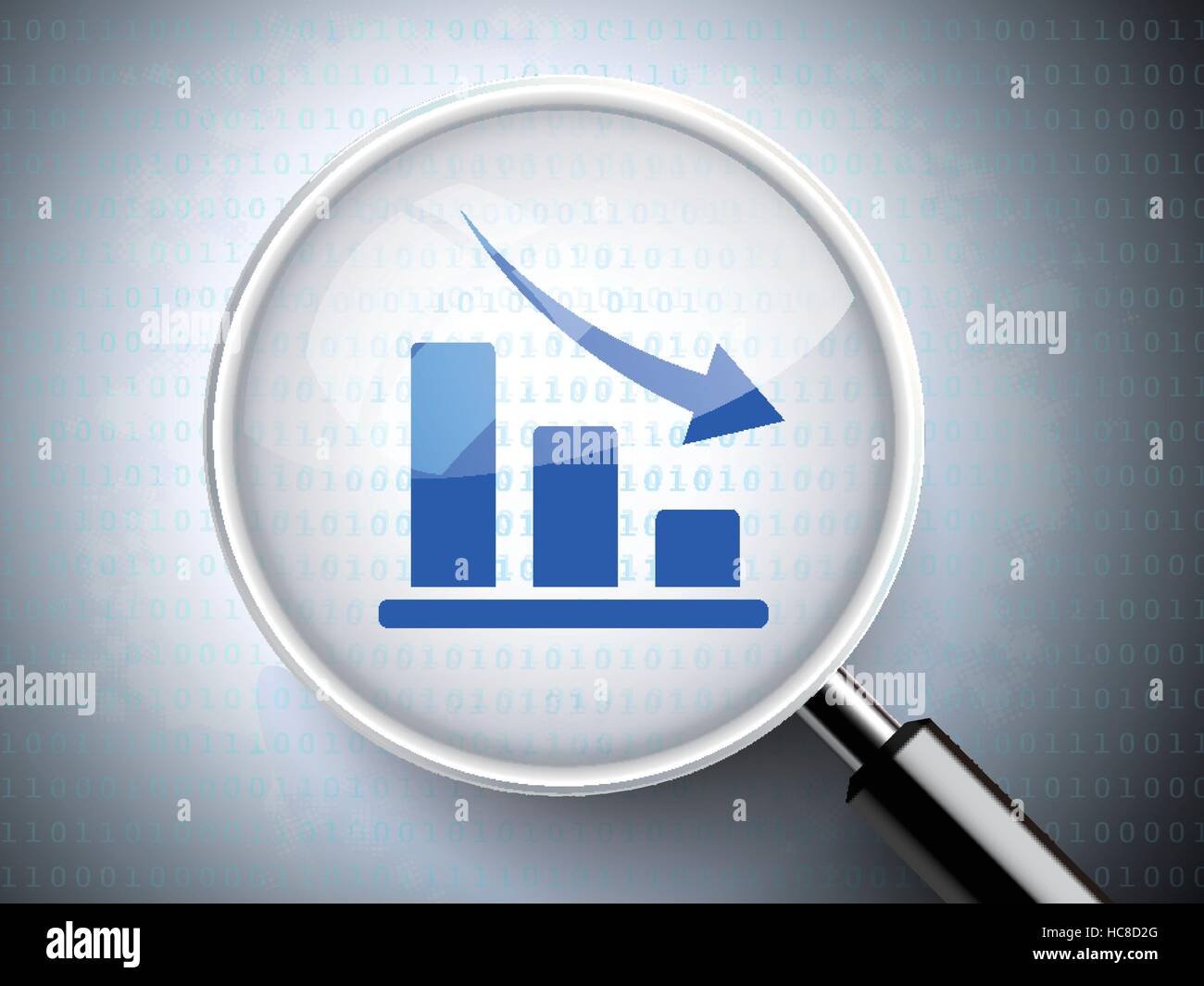 magnifying glass with decline graph icon on digital background Stock Vector