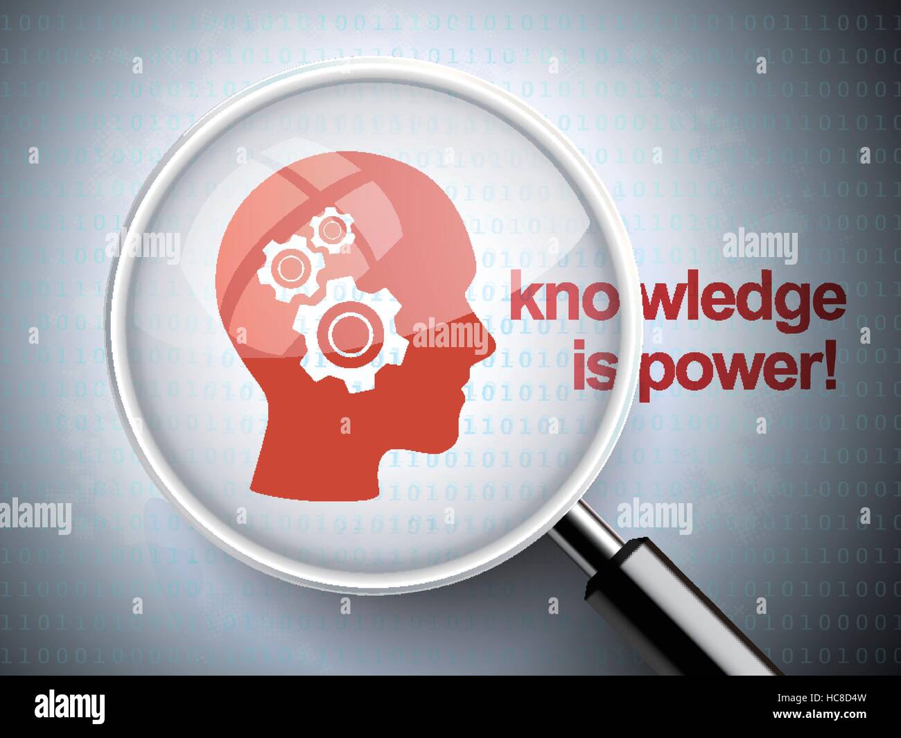 magnifying glass with gears on head icon and knowledge is power word on ...